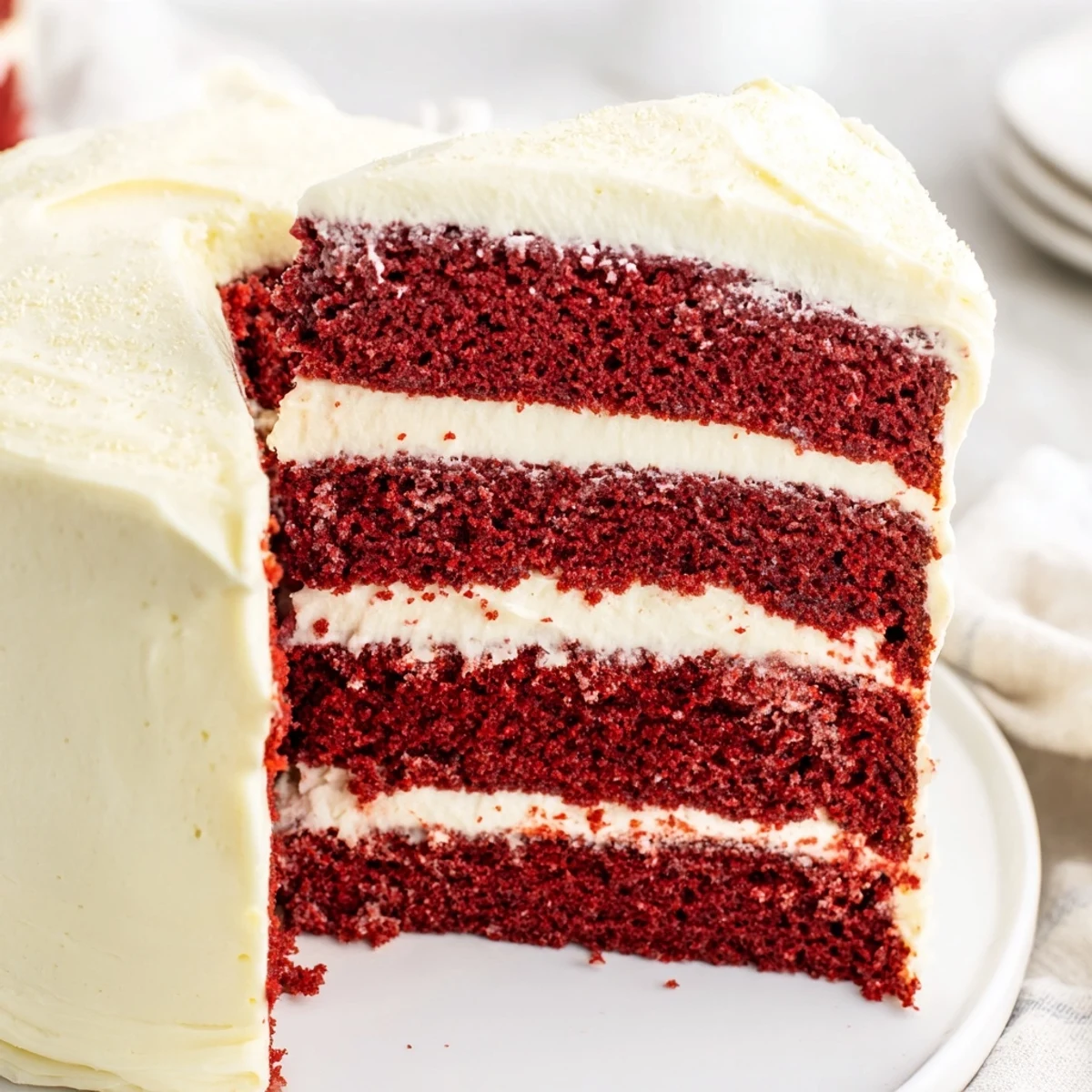 Close-up of a layered Red Velvet Layer Cake with Cream Cheese Frosting highlighting rich cocoa crumbs and tangy frosting.