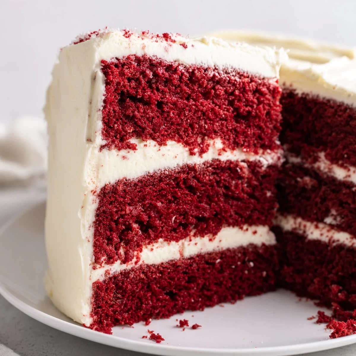 Red Velvet Layer Cake with Cream Cheese Frosting sits elegantly on a white plate, garnished with crumbs and berries.