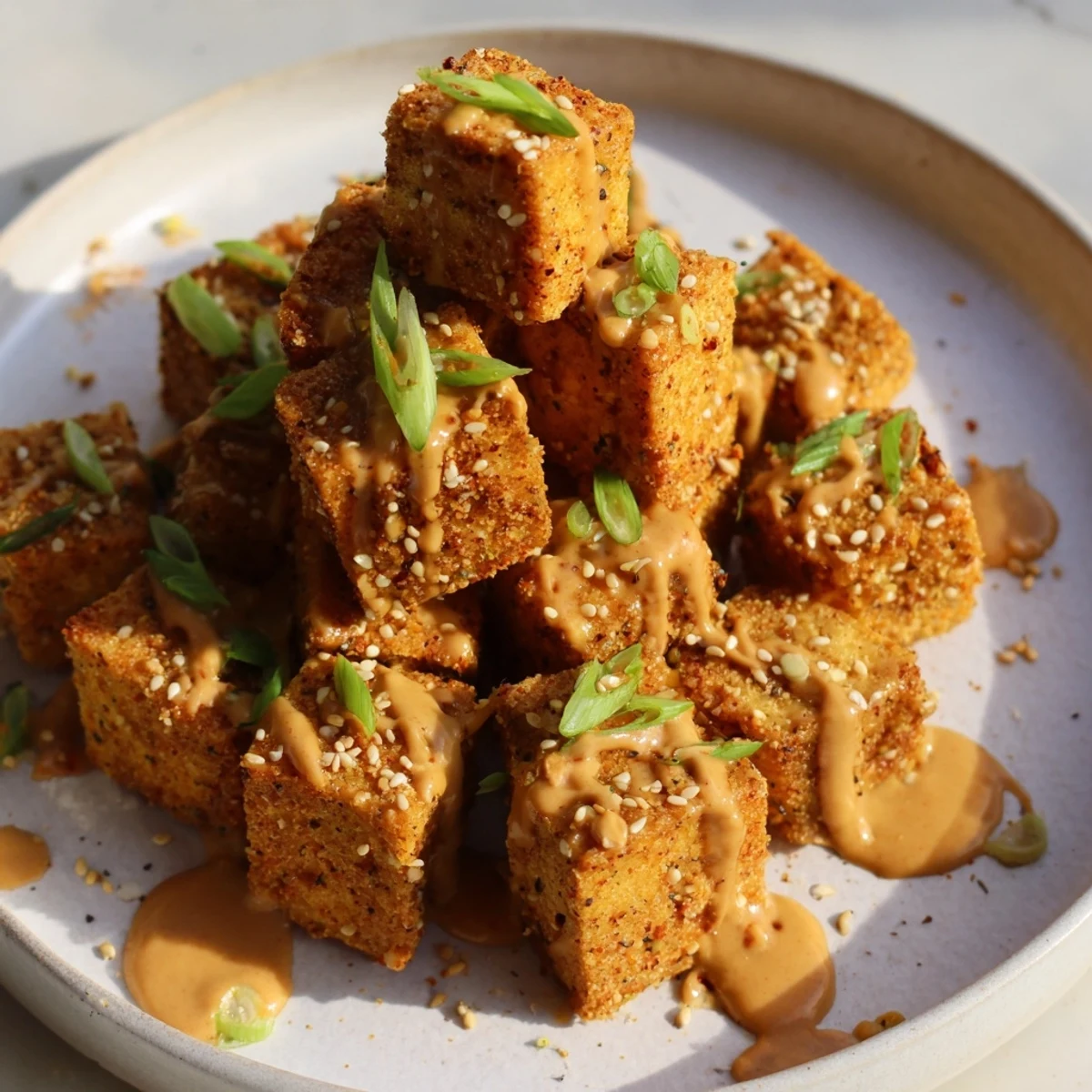 Golden-baked tofu cubes glazed with spicy peanut sauce and sesame seeds, served over steamed jasmine rice.  