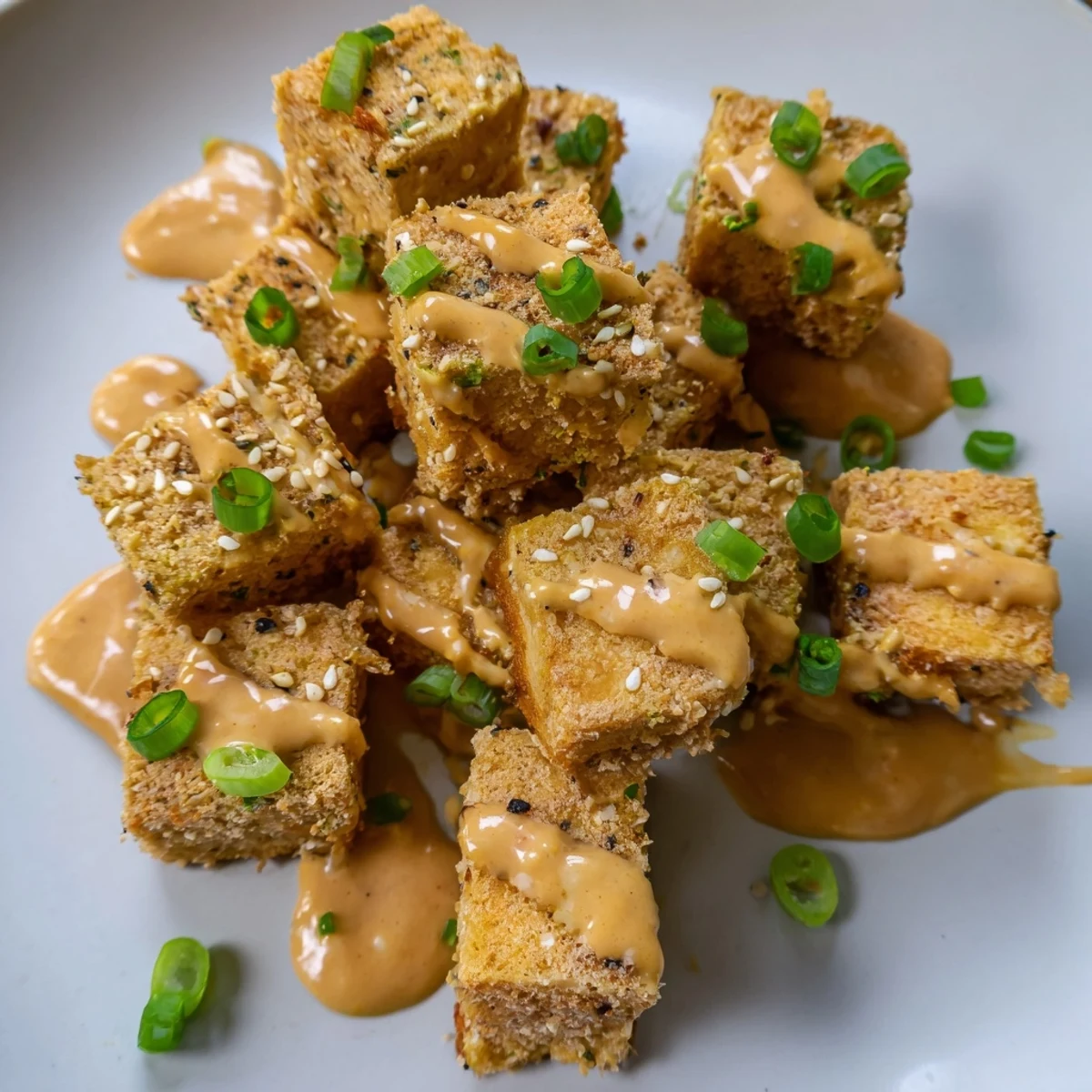 Close-up of crispy baked tofu drizzled with spicy peanut sauce on a white plate for a vegan main dish.  