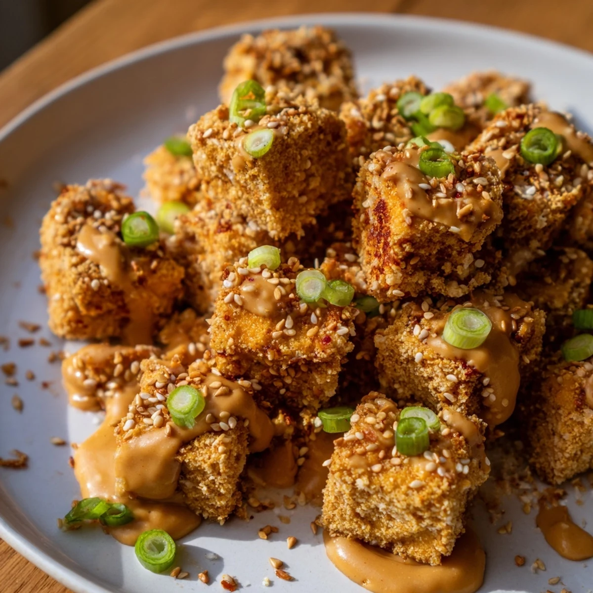 Spicy peanut sauce drizzled over crispy baked tofu cubes with scallions and sesame seeds on a dark serving plate.