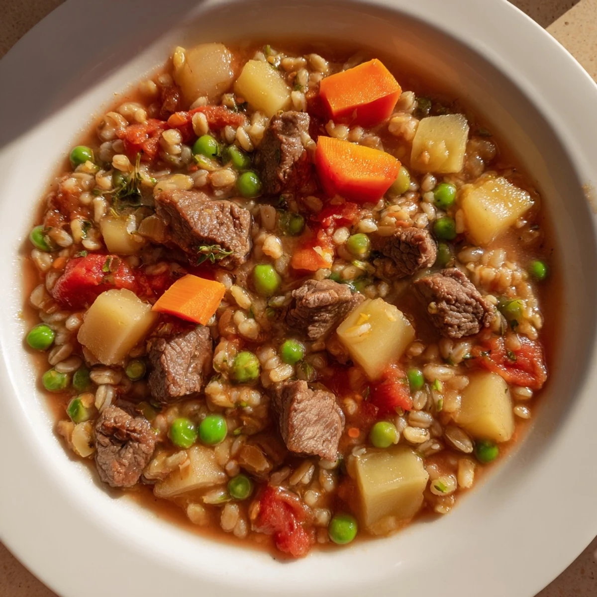 Serve this comforting Hearty Beef and Barley Vegetable Stew in a warm bowl with crusty bread alongside.