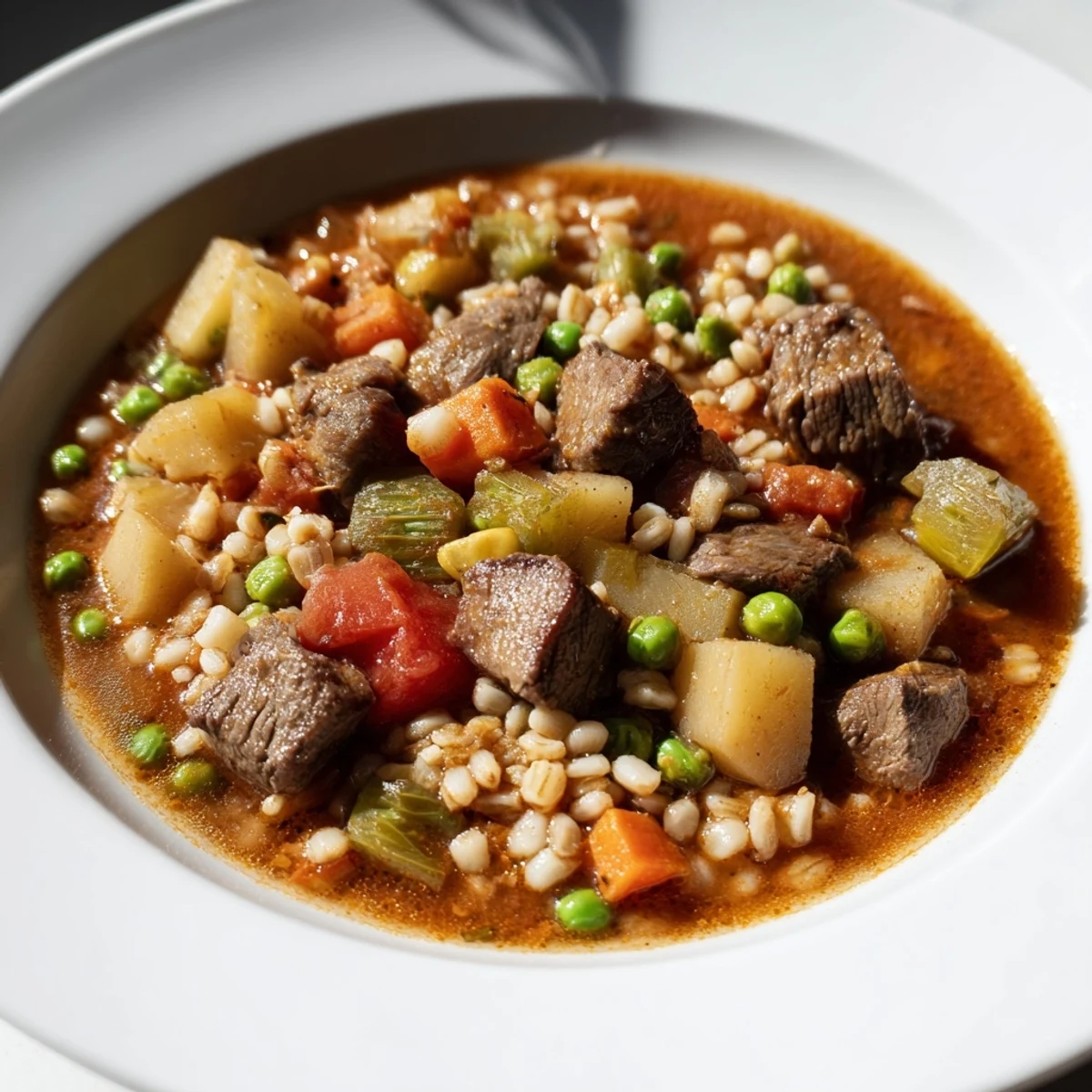 A rustic Dutch oven holds steaming Hearty Beef and Barley Vegetable Stew with diced potatoes, celery, and fresh herbs.