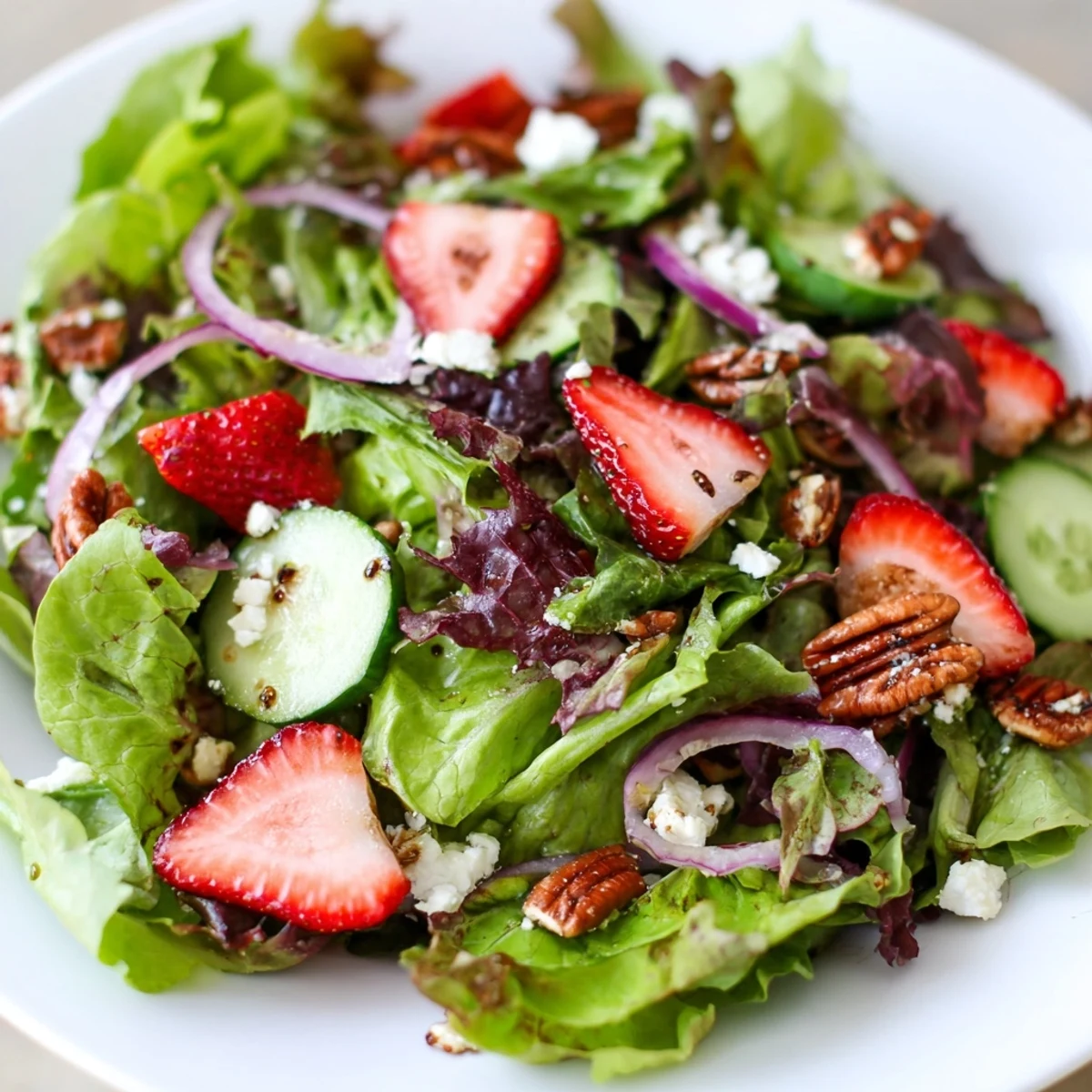 Spring Mix Salad with Strawberries and Feta topped with tangy balsamic vinaigrette and toasted pecans for a refreshing lunch.