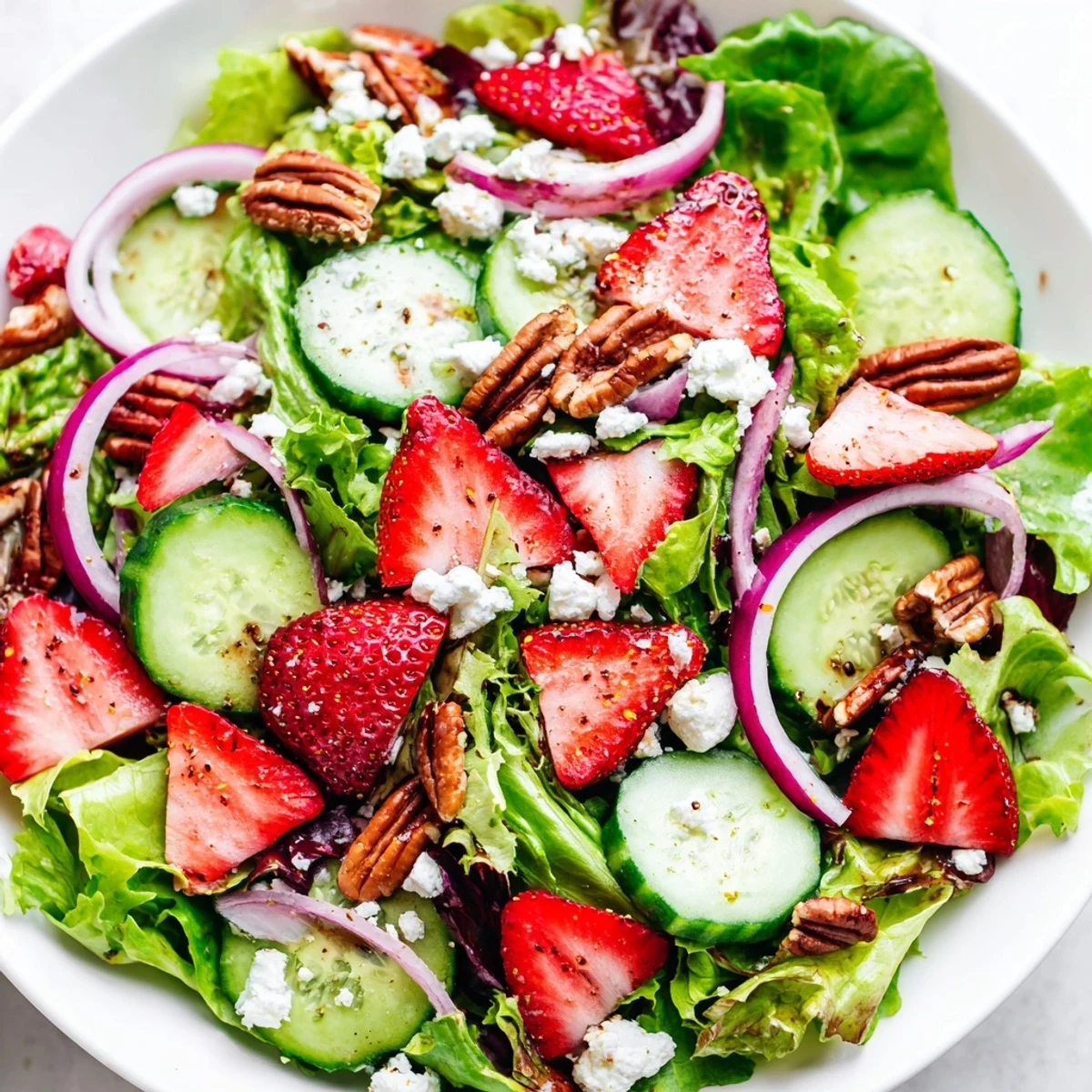 Bright Spring Mix Salad with Strawberries and Feta showcases ruby berries, creamy cheese, and crisp greens on a wooden platter.