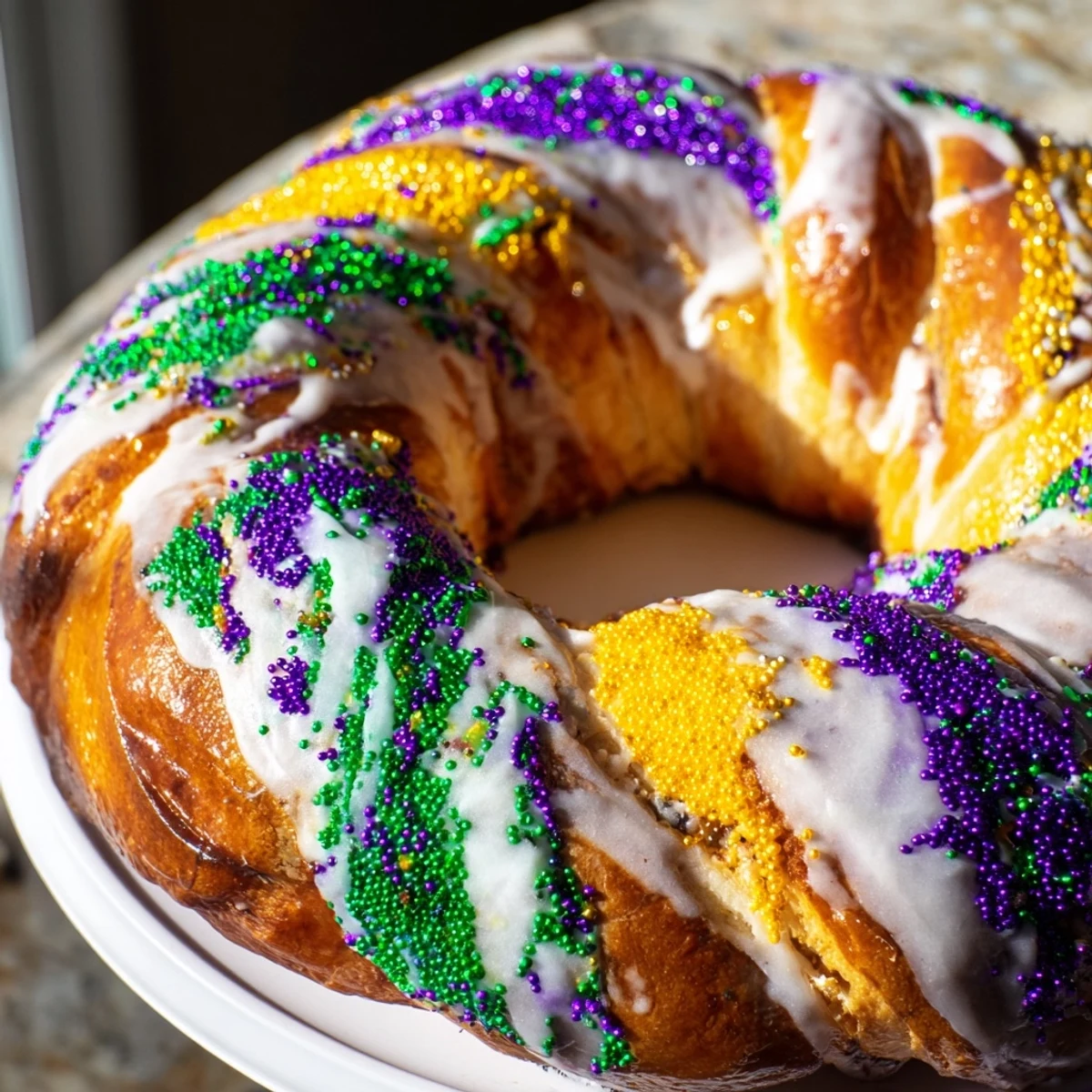 A slice of Mardi Gras King Cake with Cream Cheese Filling shows purple, green, and gold sugar on soft bread.  