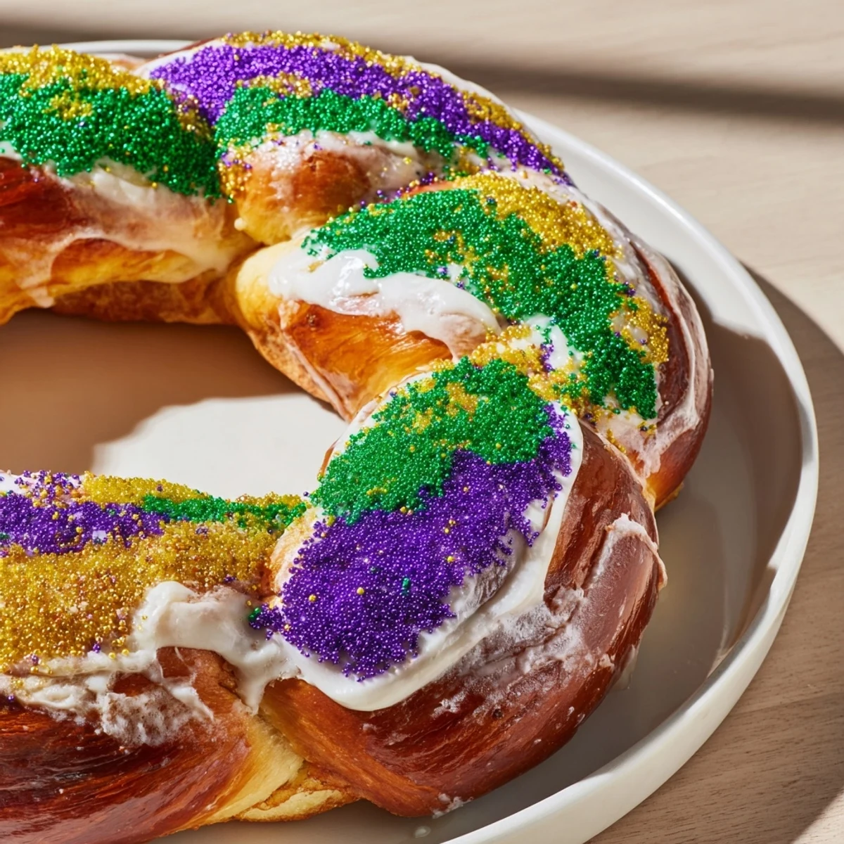 Freshly baked Mardi Gras King Cake with Cream Cheese Filling drizzled with white icing and colorful sprinkles.  
