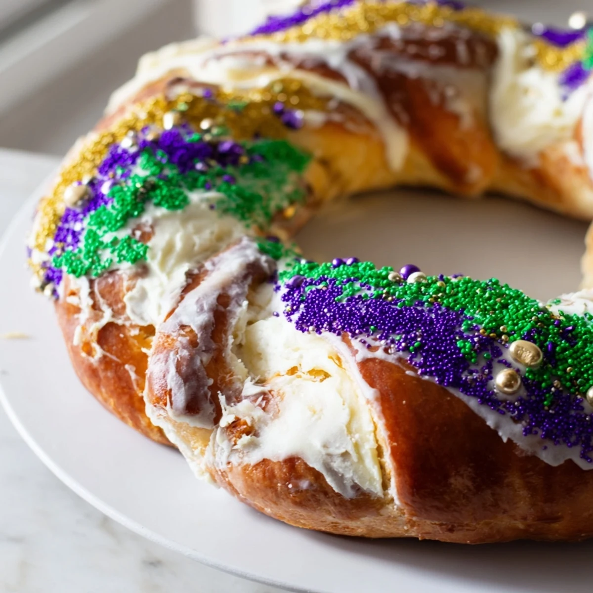 Mardi Gras King Cake with Cream Cheese Filling on a plate beside a cup of chicory café au lait.