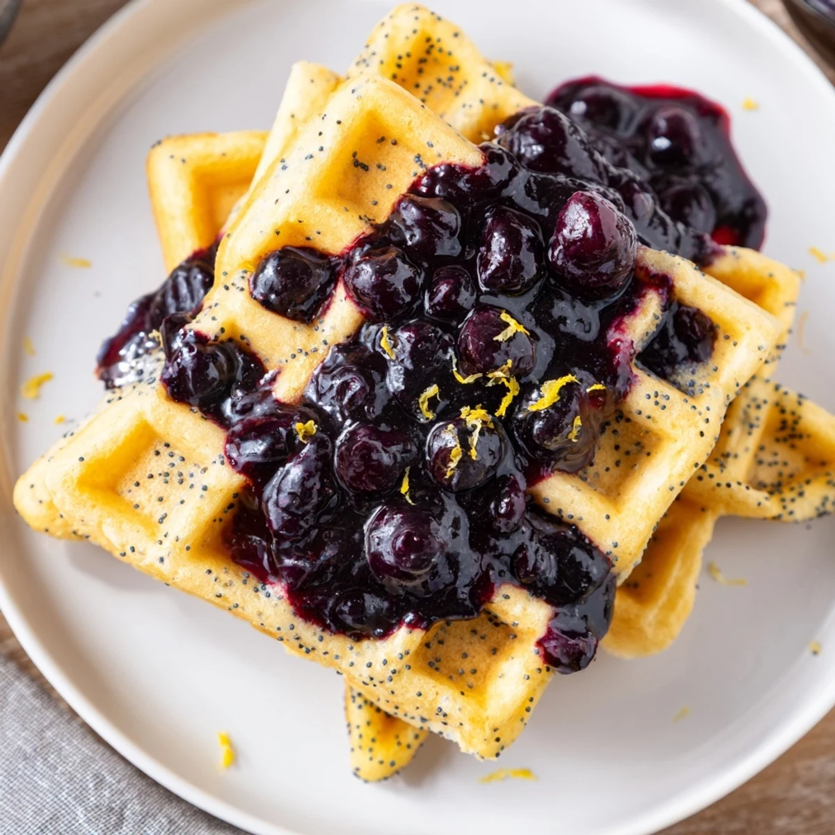 Golden Lemon Poppy Seed Waffles stacked high, drizzled with a vibrant homemade blueberry syrup for a fresh breakfast.