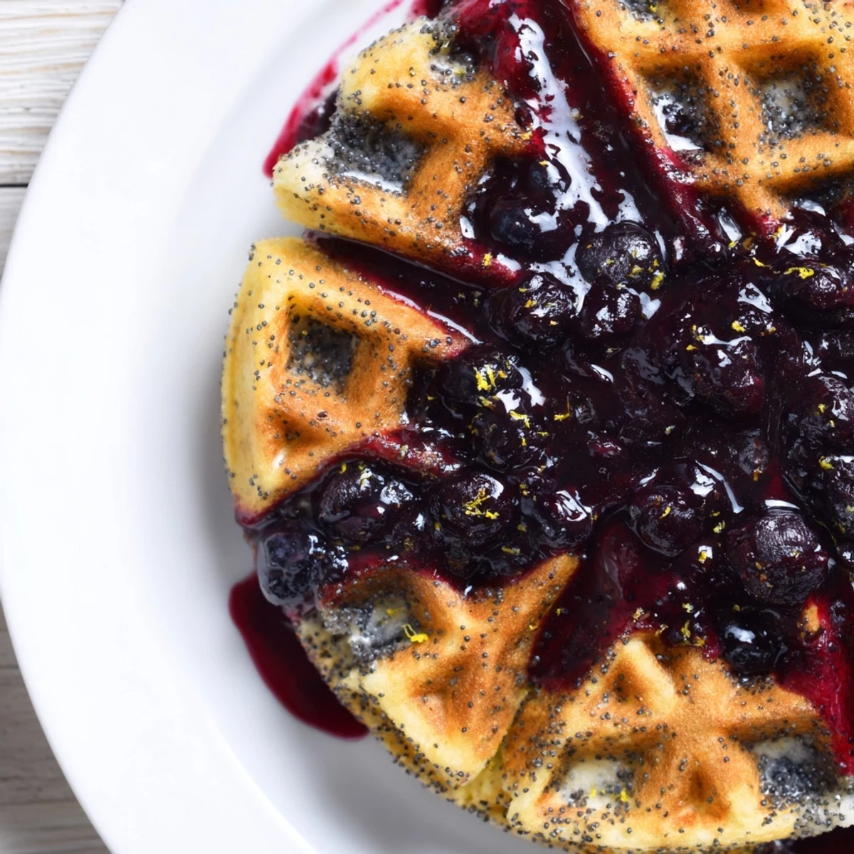 A close-up of crisp Lemon Poppy Seed Waffles topped with warm blueberry syrup and fresh berries.