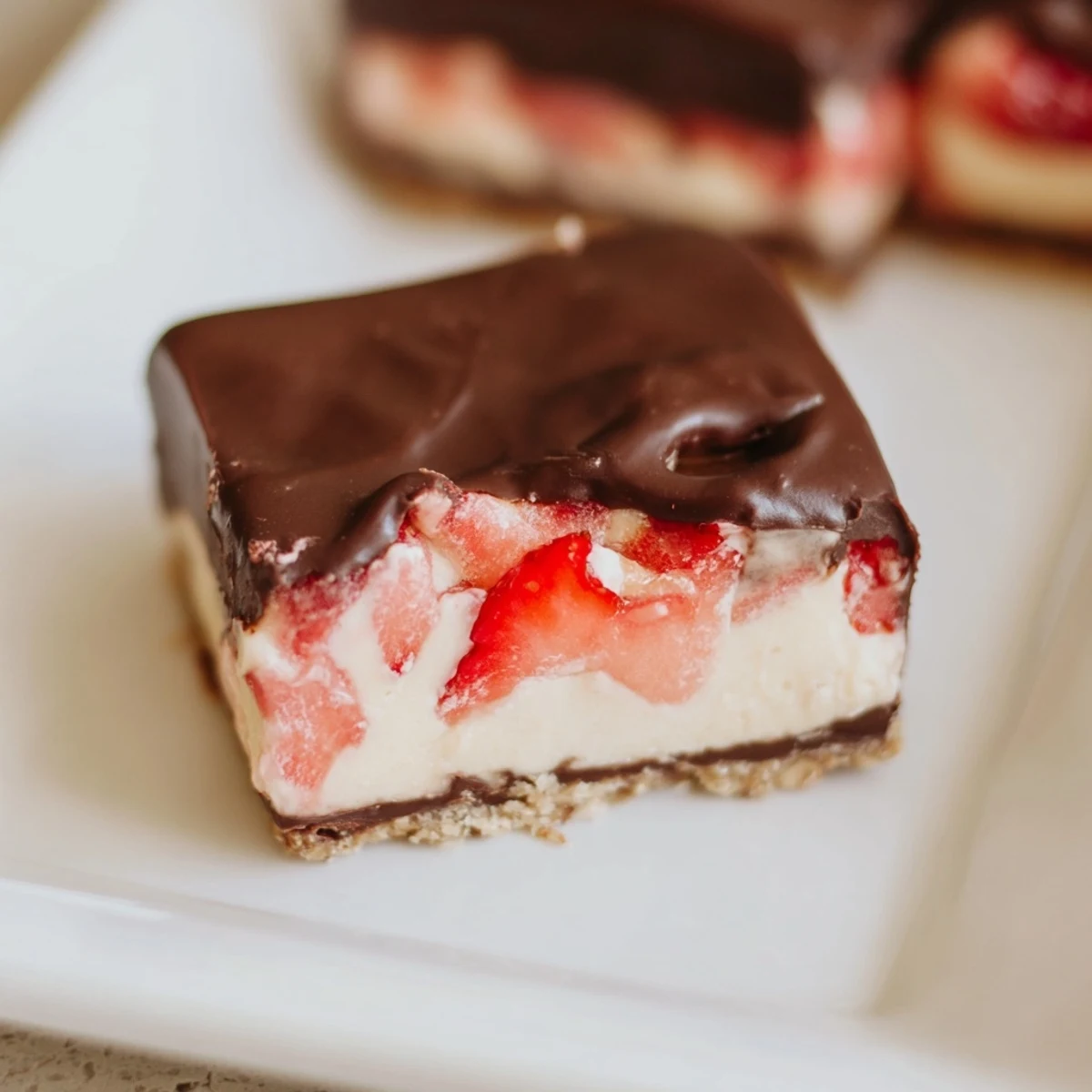 A slice of Chocolate Covered Strawberry Cheesecake Bars reveals a creamy filling with strawberry swirls and a shiny chocolate topping.