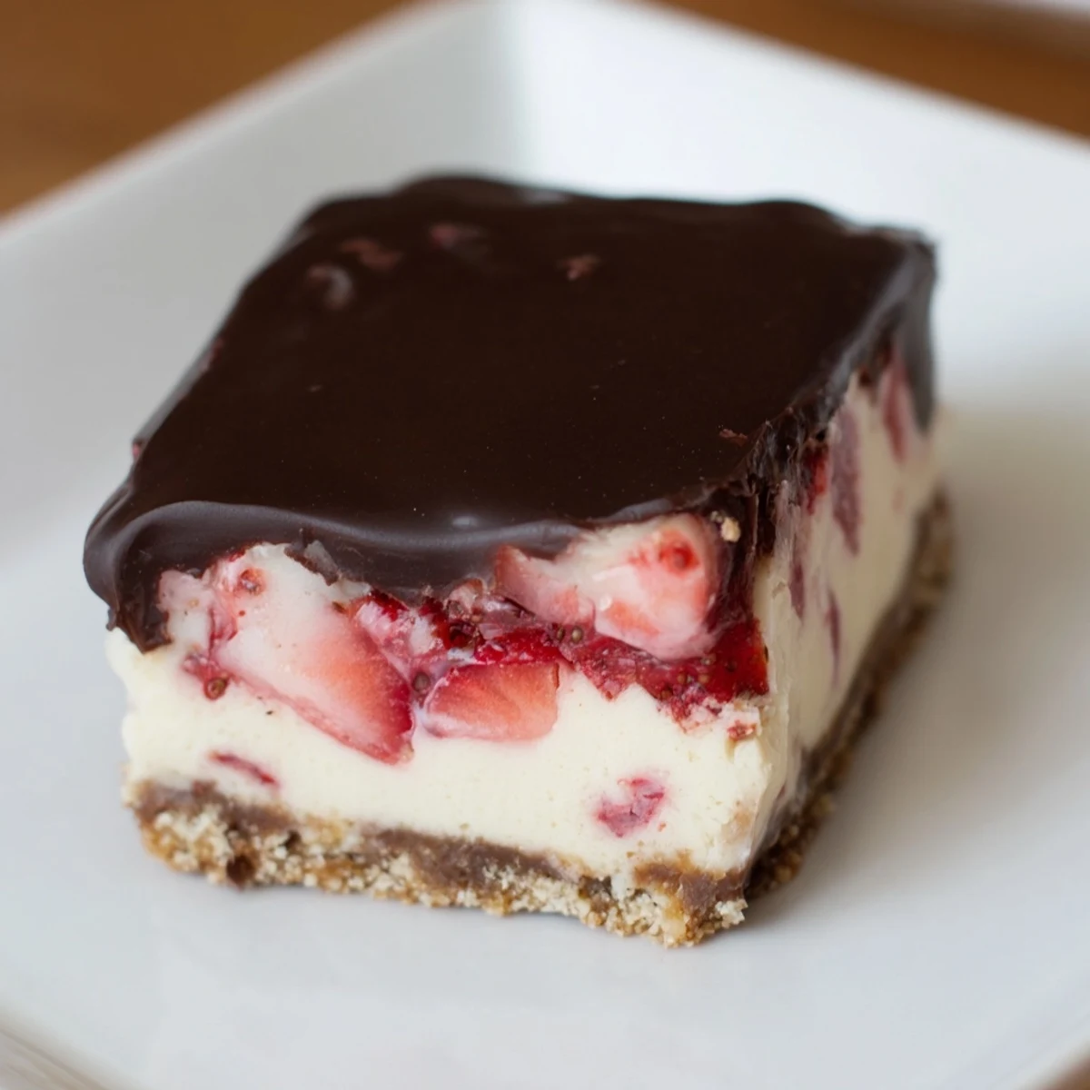 Indulgent Chocolate Covered Strawberry Cheesecake Bars feature a marble of berries, silky cheesecake, and a rich chocolate coating.