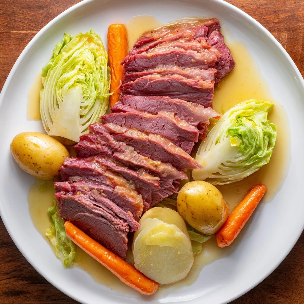 Golden slices of Corned Beef Brisket with Cabbage and Potatoes arranged on a platter with steamed carrots and rich broth.