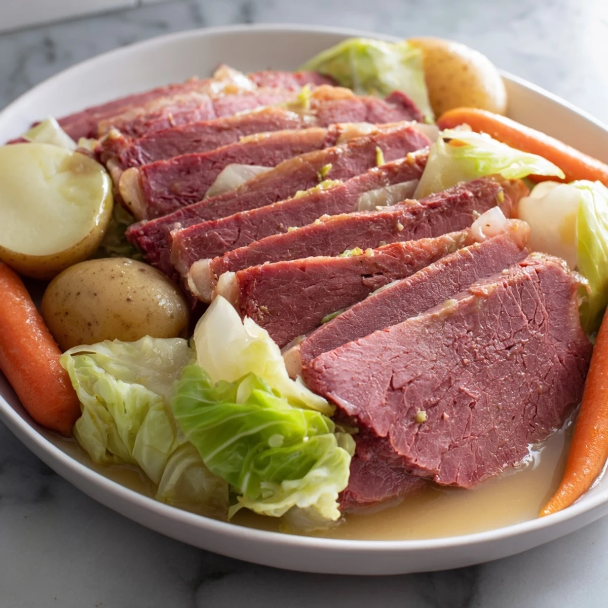 A close-up of Corned Beef Brisket with Cabbage and Potatoes, featuring tender meat, soft potatoes, and caramelized onions.
