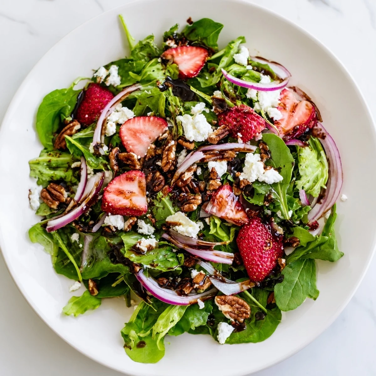 A close-up of Spring Greens Salad with Strawberries and Goat Cheese, featuring tangy cheese crumbles and a drizzle of balsamic vinaigrette.