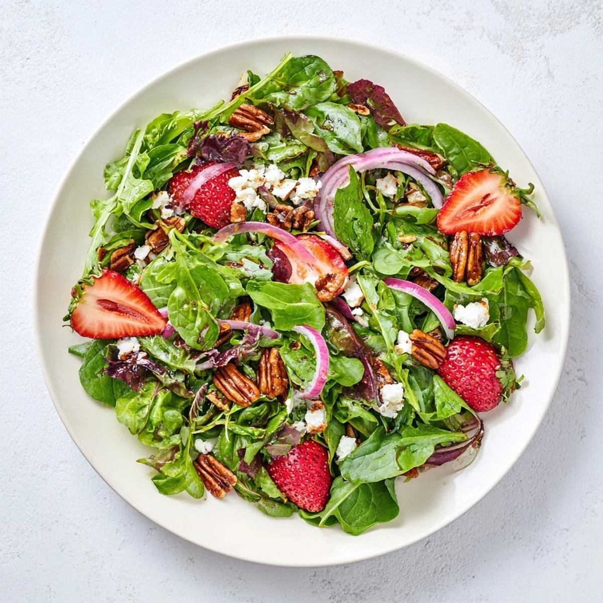 Fresh Spring Greens Salad with Strawberries and Goat Cheese topped with sliced red onion and crunchy toasted pecans on a white plate.