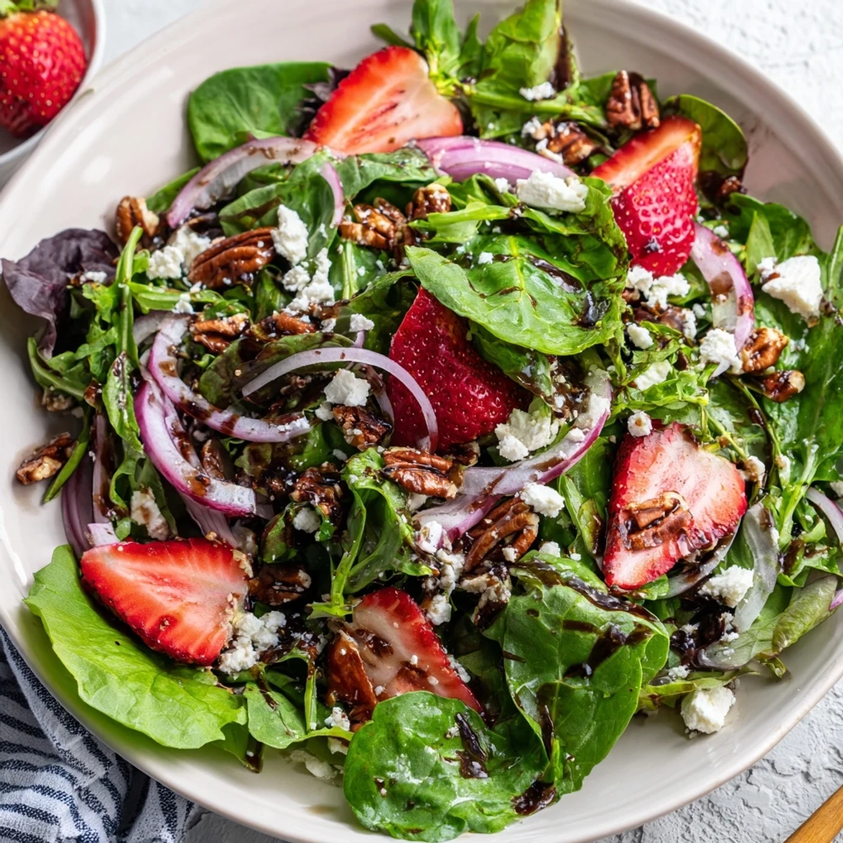 Spring Greens Salad with Strawberries and Goat Cheese served on a light blue plate, perfect for a sunny American backyard lunch.