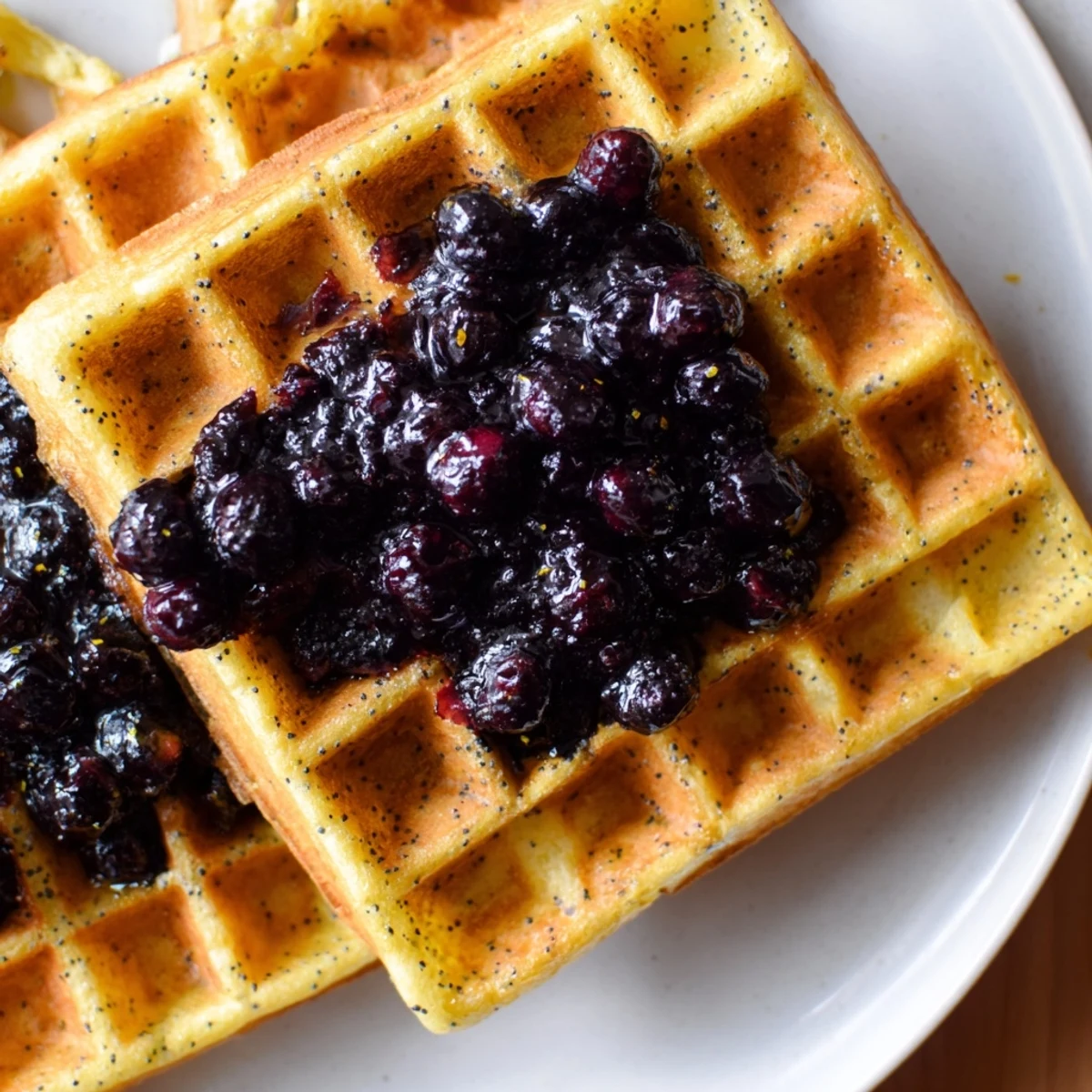 Fluffy Lemon Poppy Seed Waffles topped with warm blueberry compote on a rustic wooden table.