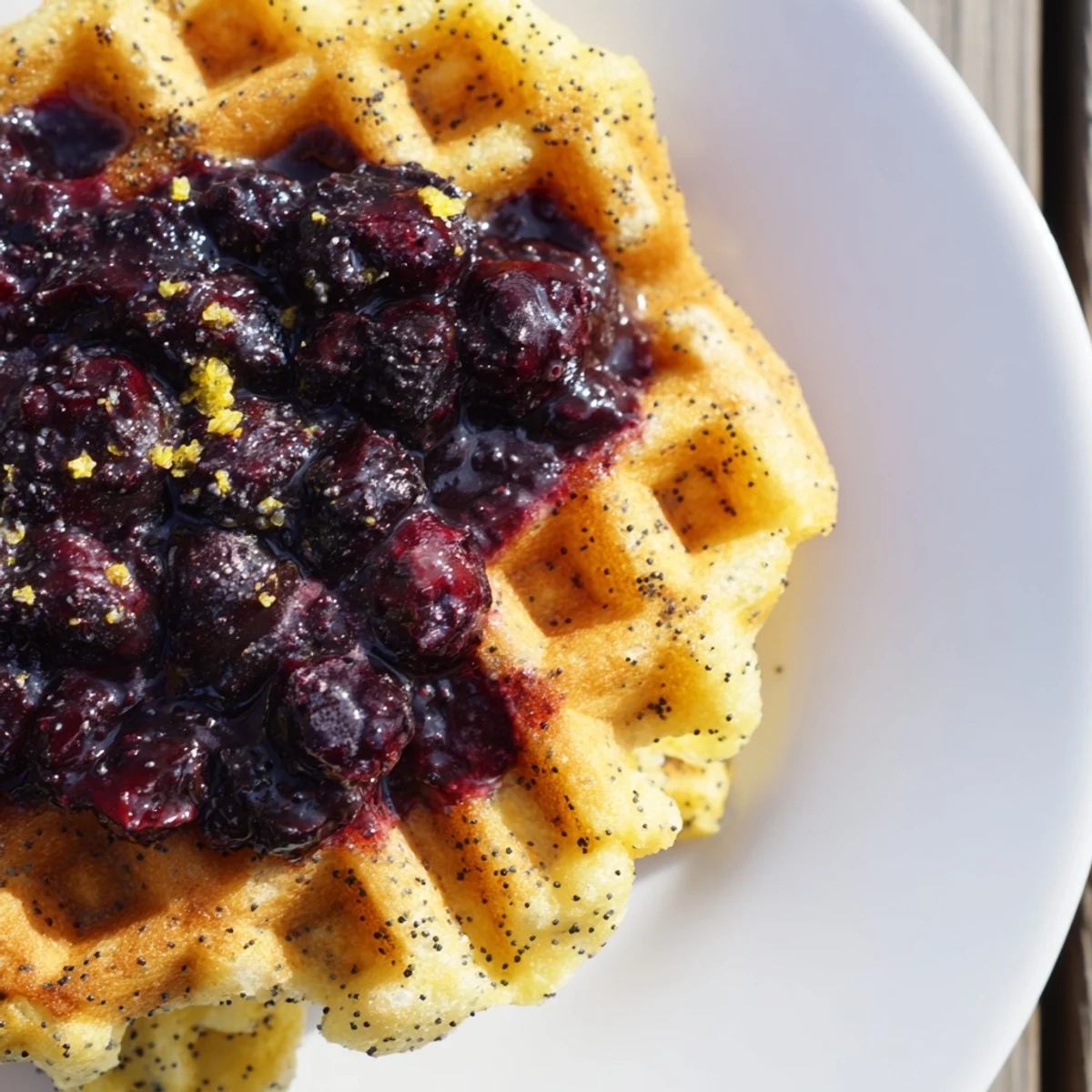 Serving suggestion for Lemon Poppy Seed Waffles with fresh blueberries and a dollop of whipped cream.
