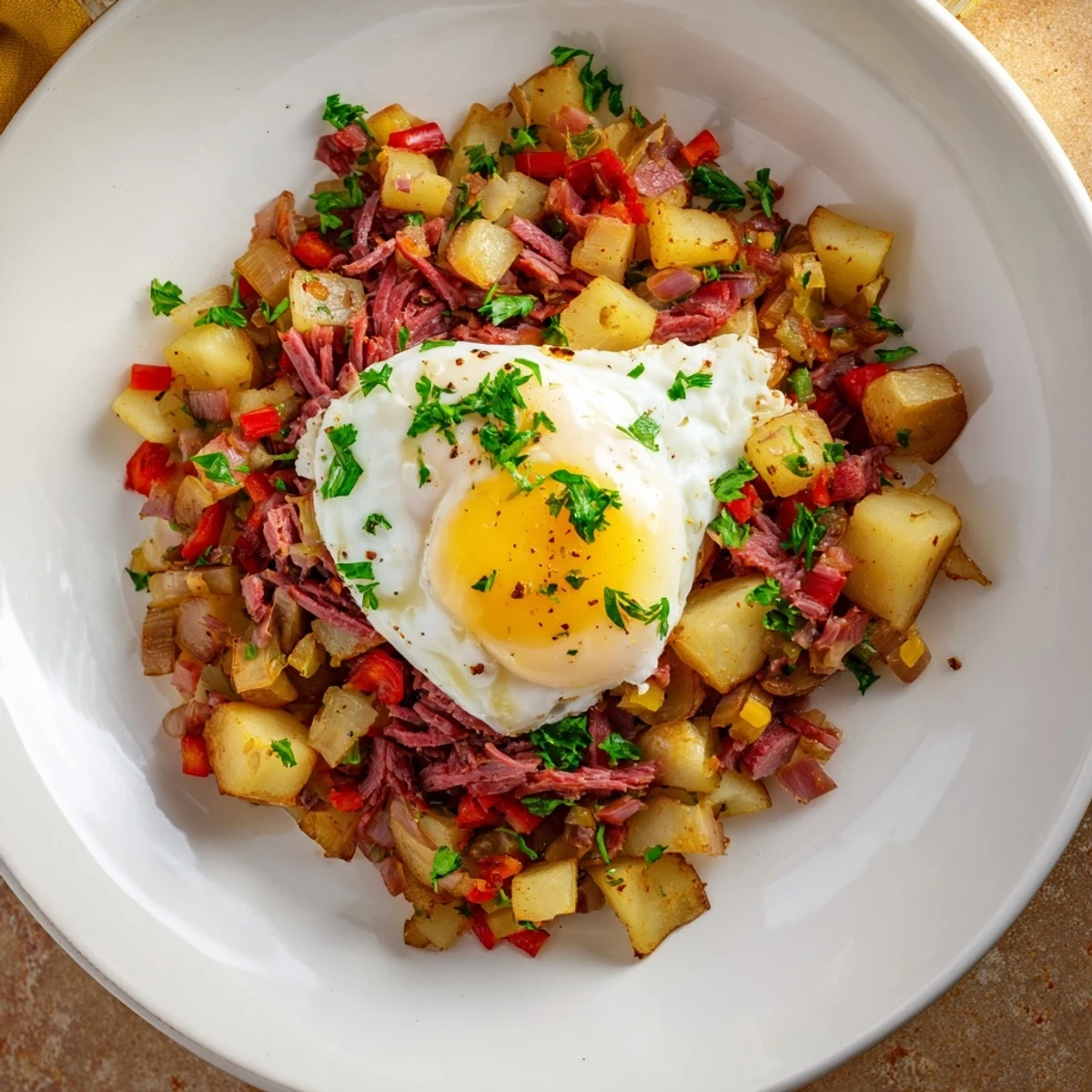 Rustic skillet breakfast of Corned Beef Hash Skillet with Poached Eggs, garnished with fresh parsley and served beside a warm toast slice.