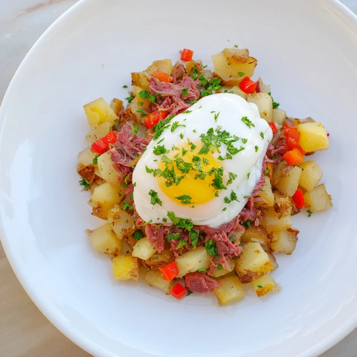 A close-up of Corned Beef Hash Skillet with Poached Eggs, featuring crispy golden potatoes and tender beef under a runny yolk.