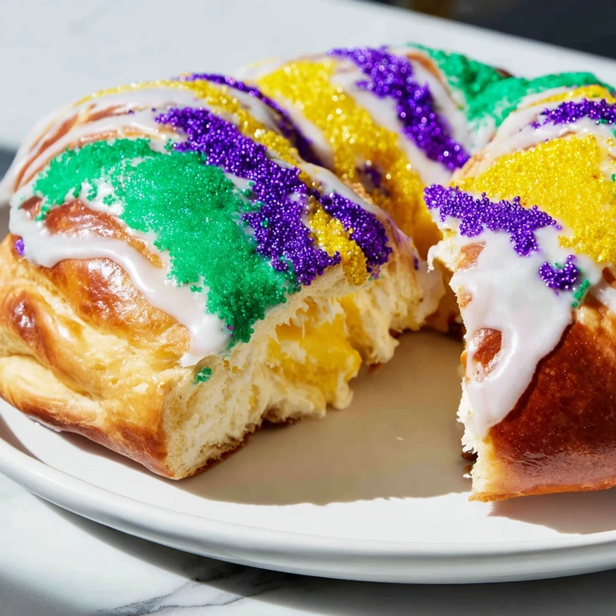 A freshly baked Mardi Gras Style King Cake with cream cheese filling, drizzled with white icing and decorated with purple, green, and gold sugars.