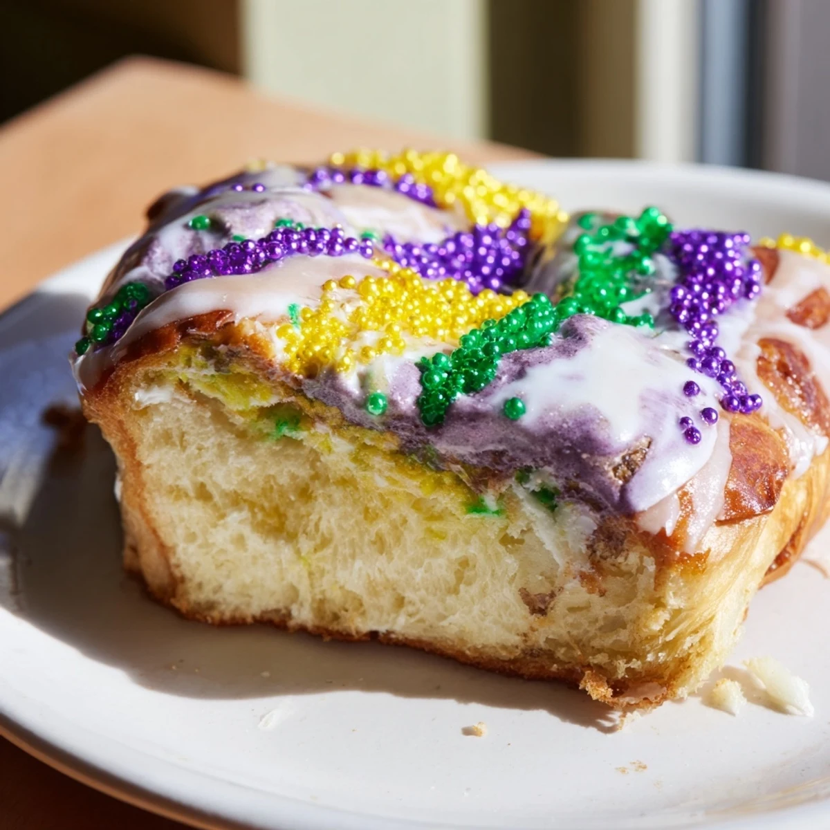 Golden-brown Mardi Gras Style King Cake sliced open to reveal creamy filling, with festive colored sugars scattered across its glossy glaze.