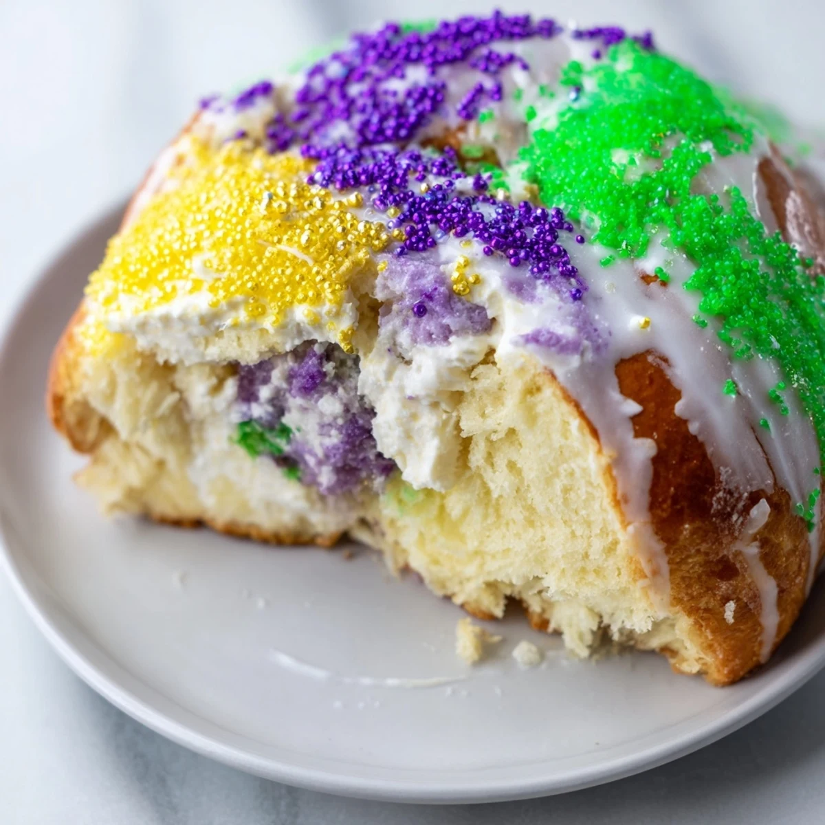 A festive Mardi Gras Style King Cake rests on a wooden board, surrounded by beads and a vibrant plate of sugary toppings.