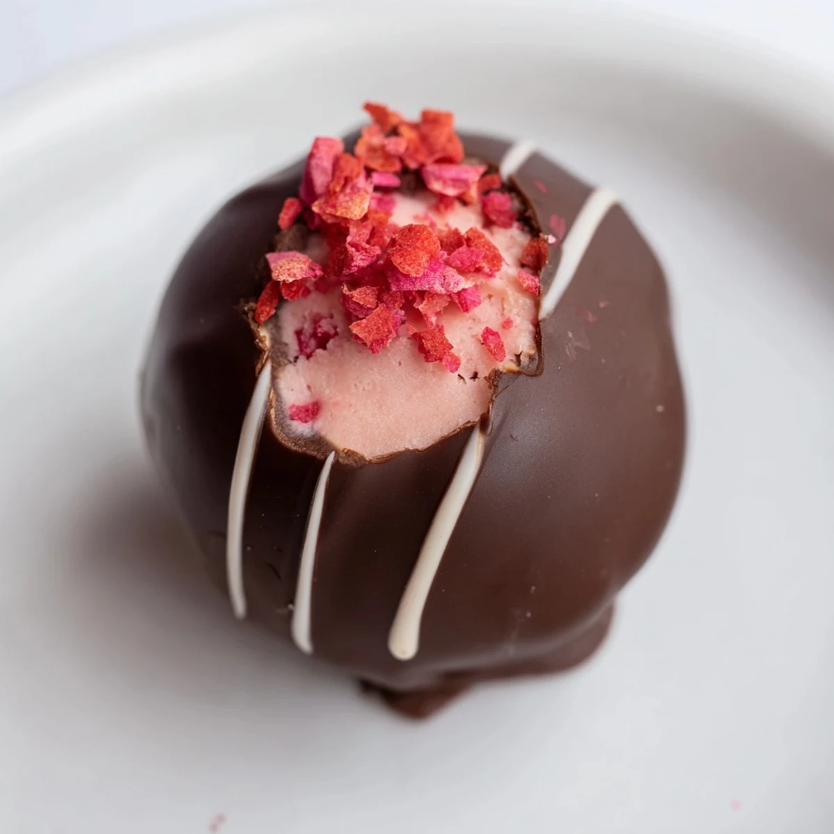 Chocolate Covered Strawberry Cheesecake Bites showing a glossy chocolate shell and a visible strawberry speckle on a chilled platter.