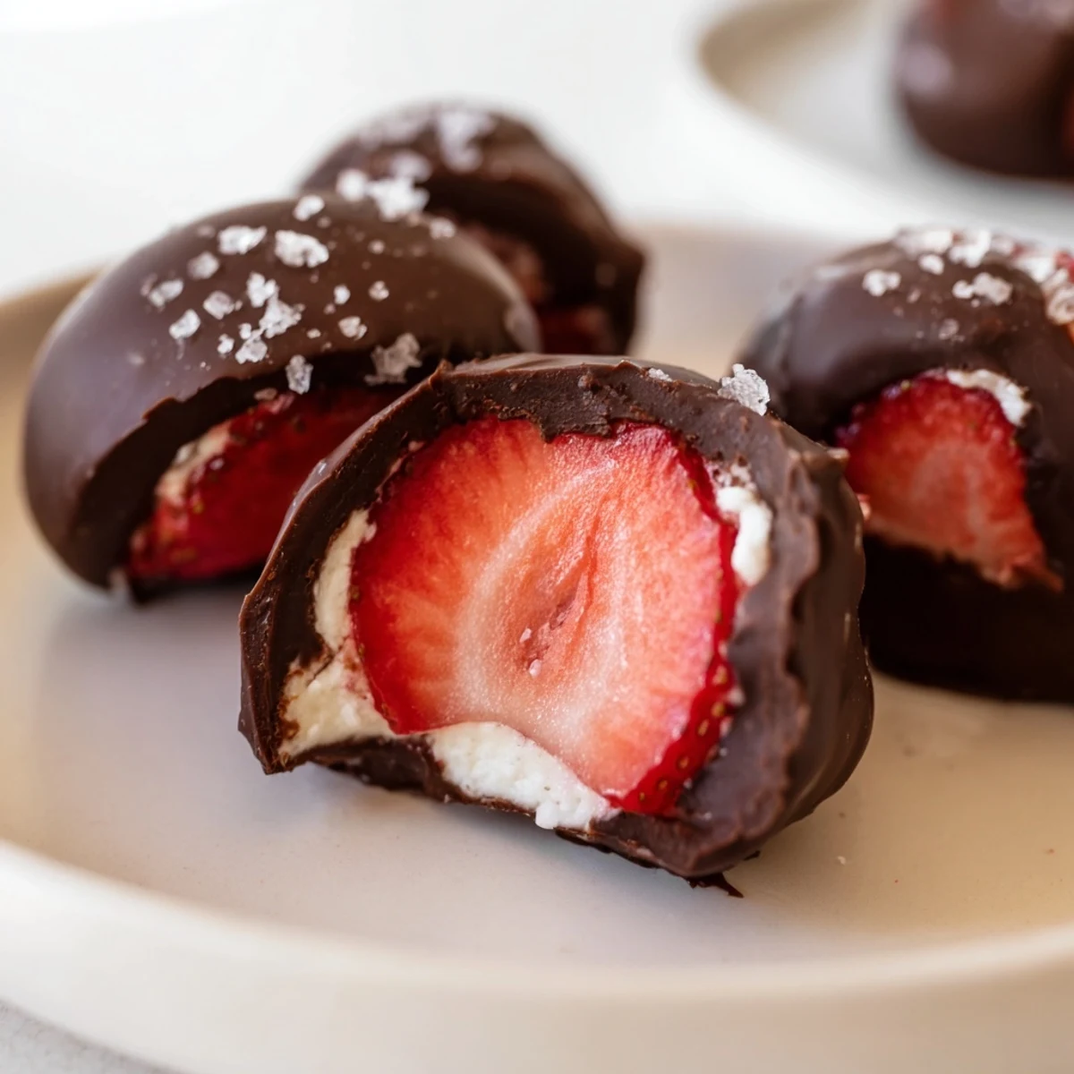 A close-up of Chocolate Covered Strawberry Cheesecake Bites with creamy white filling on red berry halves and glossy dark chocolate.