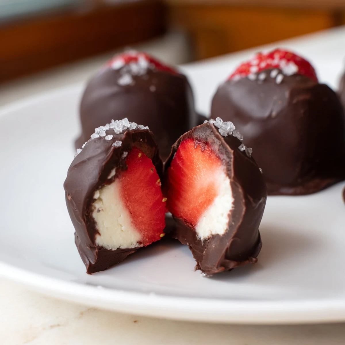 For dessert, enjoy chilled Chocolate Covered Strawberry Cheesecake Bites stacked on a plate, each bite showing luscious cheesecake and chocolate.