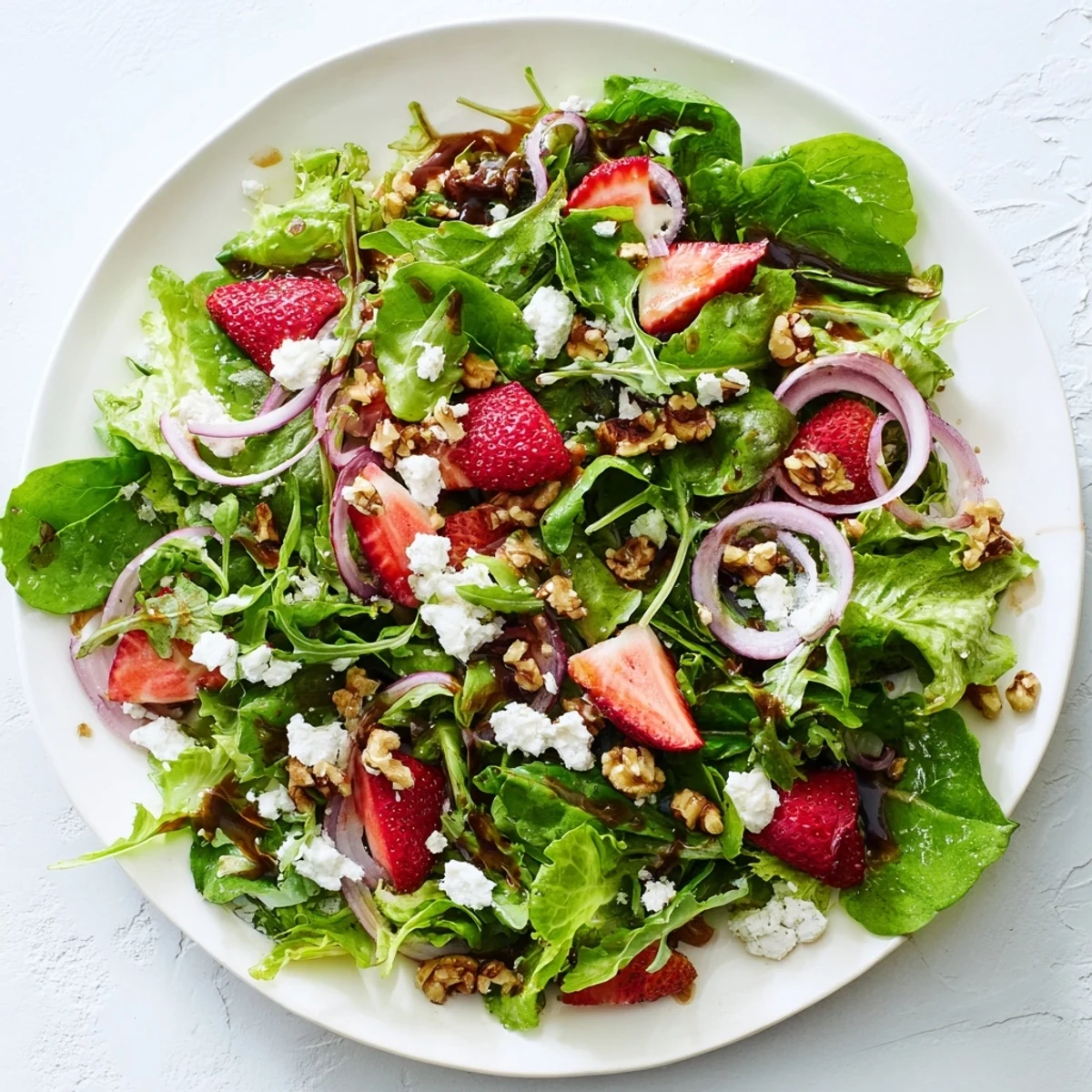 Spring Greens Salad with Strawberries and Goat Cheese served on a white plate with crisp mixed greens, sweet red strawberries, and creamy white goat cheese crumbles.