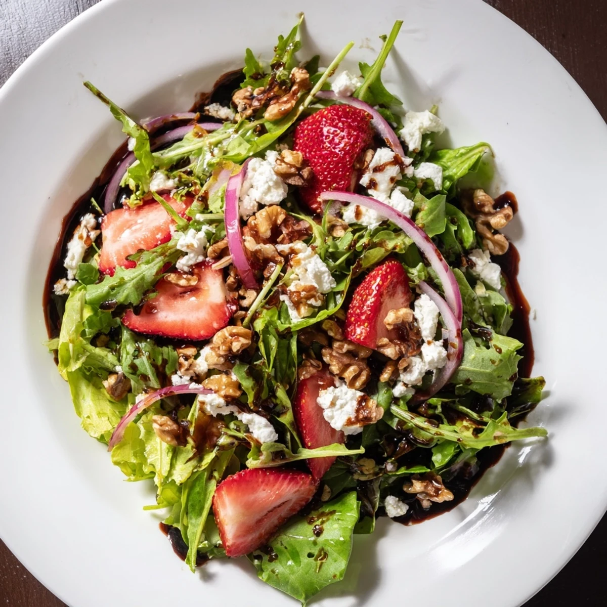 Fresh Spring Greens Salad with Strawberries and Goat Cheese featuring toasted pecans, thinly sliced red onion, and drizzled tangy balsamic vinaigrette for a light lunch.
