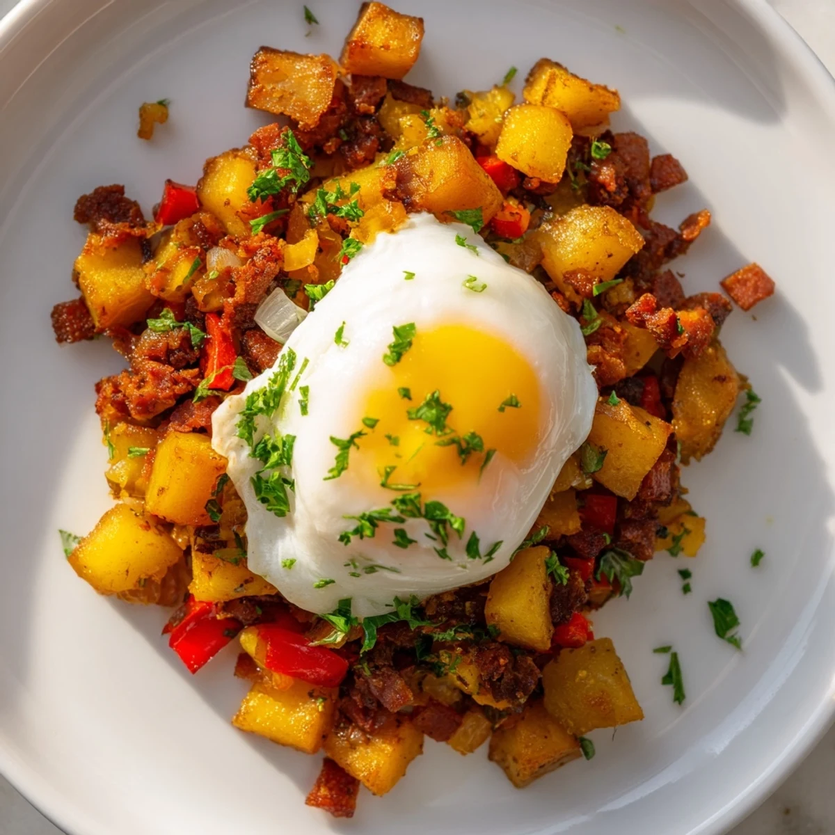 The Corned Beef Hash Skillet with Poached Eggs shows a golden hash base topped with soft poached eggs and fresh parsley garnish for a hearty brunch.
