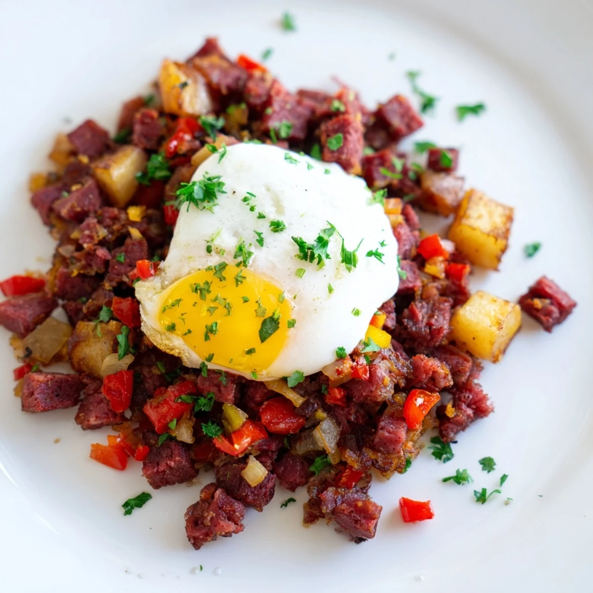 A close-up of the Corned Beef Hash Skillet with Poached Eggs, featuring crispy potatoes, diced beef, and runny egg yolks on a rustic cast-iron pan.