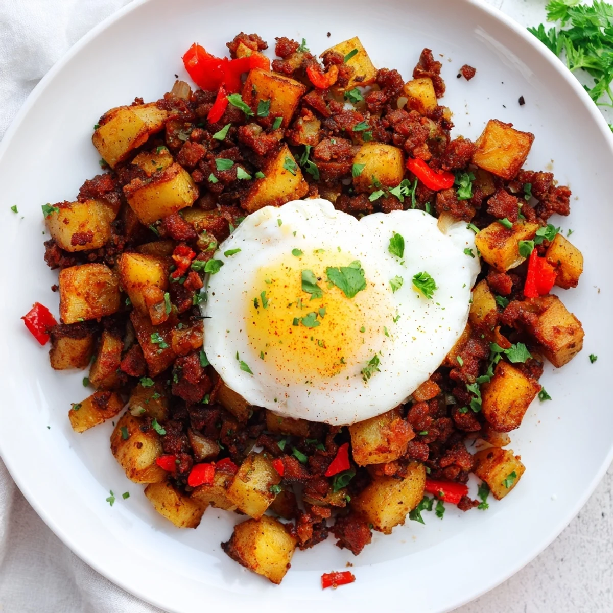 Overhead view of the Corned Beef Hash Skillet with Poached Eggs on a slate plate, served with hot sauce and rustic bread for a savory breakfast.
