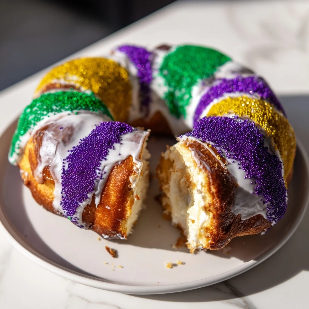 A sliced Mardi Gras Style King Cake reveals creamy filling inside, served on a dessert plate next to colorful beads and a small hidden baby figurine.