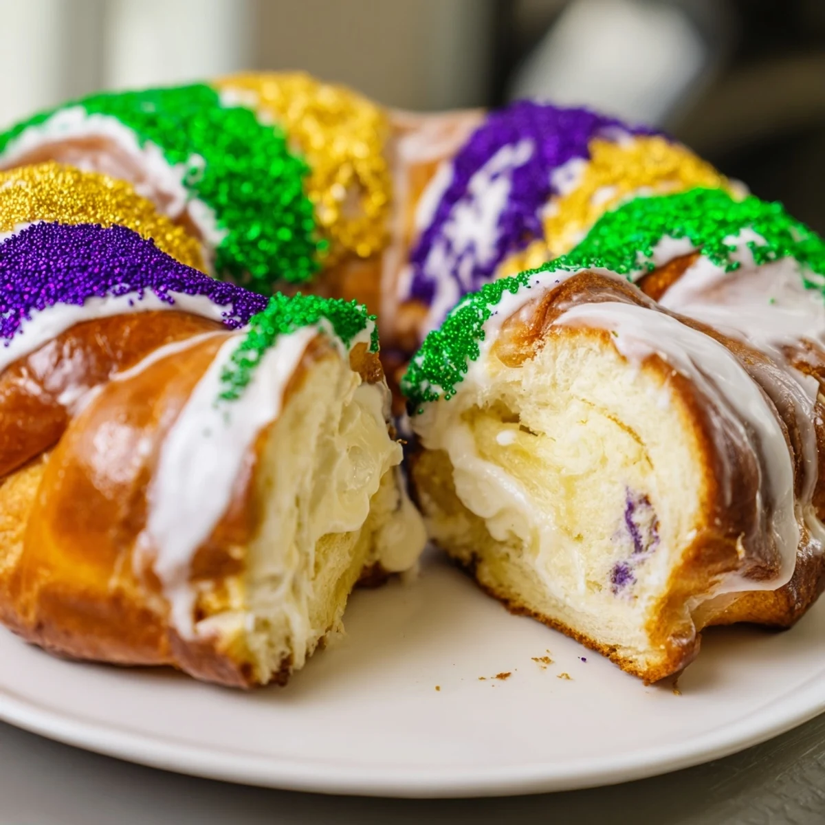 Golden-brown Mardi Gras Style King Cake drizzled with white icing and vibrant sanding sugar, ready to be enjoyed with coffee on Fat Tuesday.