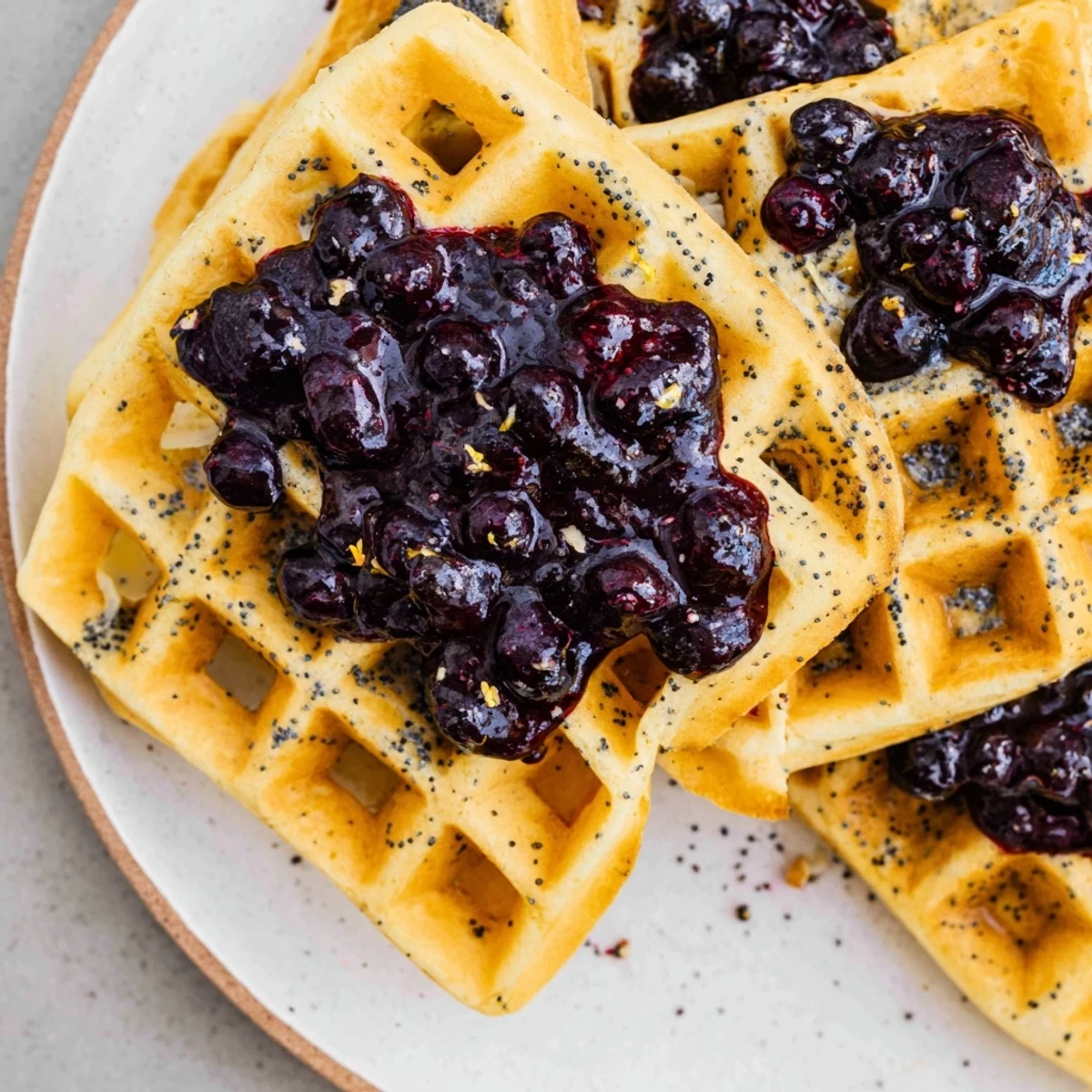 Golden Lemon Poppy Seed Waffles with Blueberry Compote topped with fresh berries and powdered sugar.
