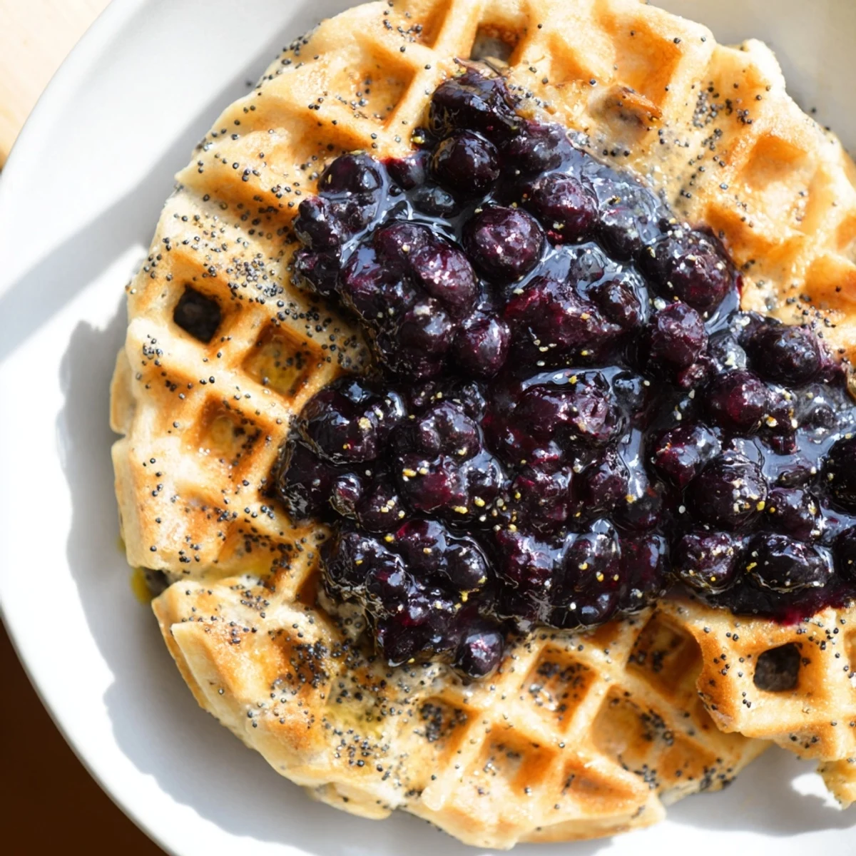 A close-up of crisp Lemon Poppy Seed Waffles with Blueberry Compote, revealing tender crumbs and jammy sauce.