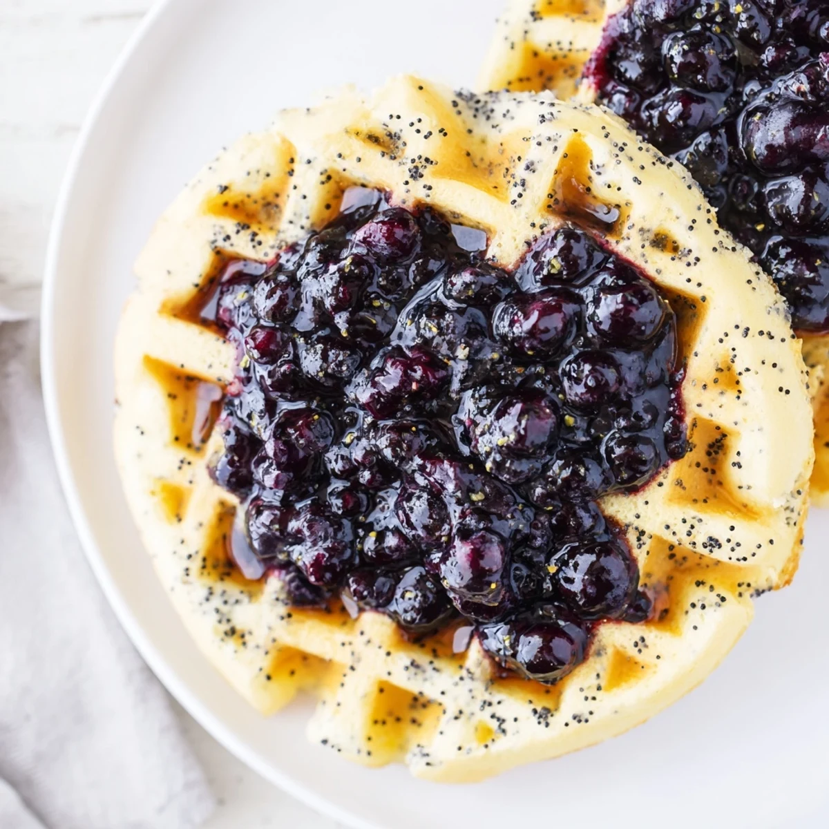 Stacked Lemon Poppy Seed Waffles with Blueberry Compote served warm with melted butter for a cozy breakfast.