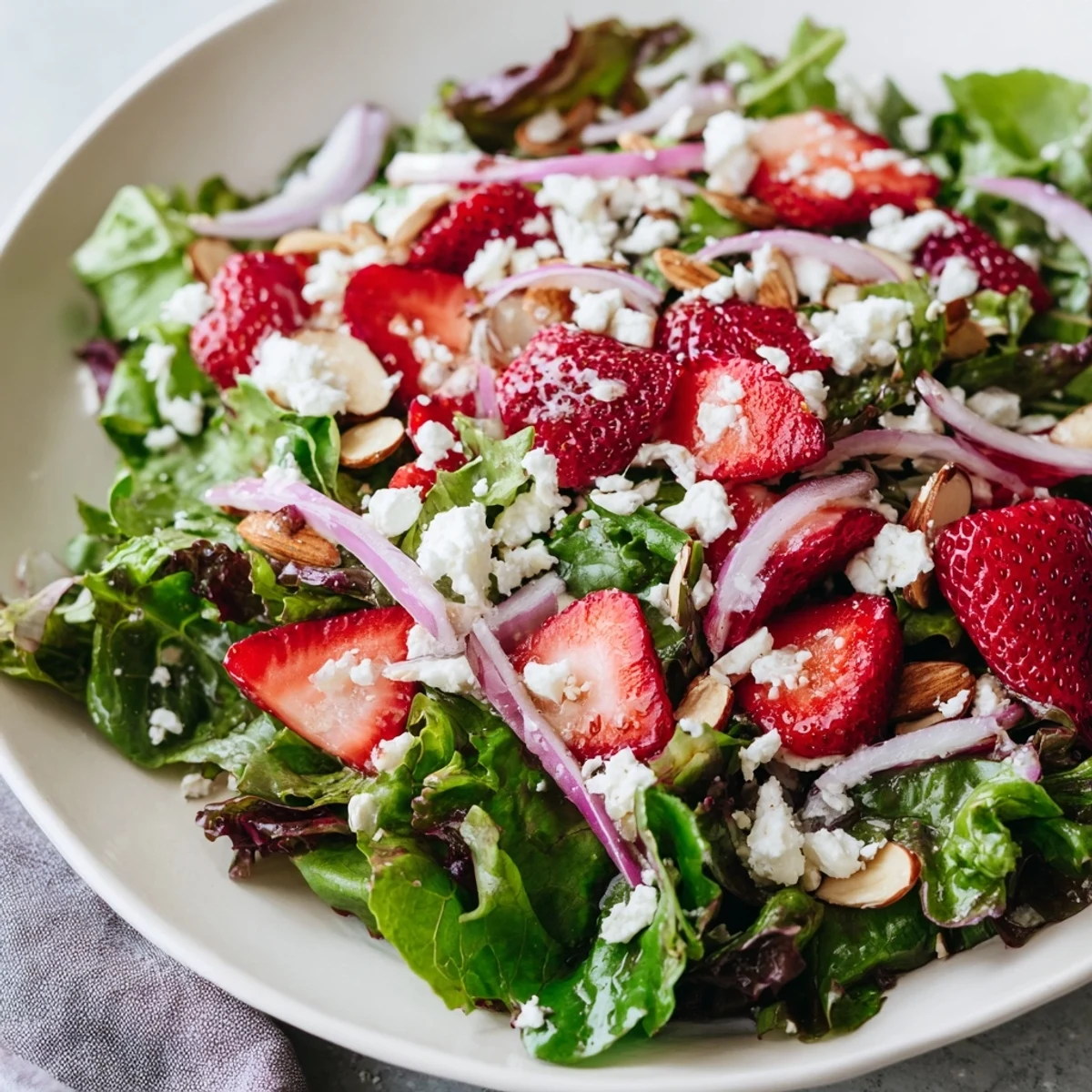 Fresh Spring Mix Salad with Strawberries and Feta in a white bowl, topped with sliced red onions and toasted almonds.