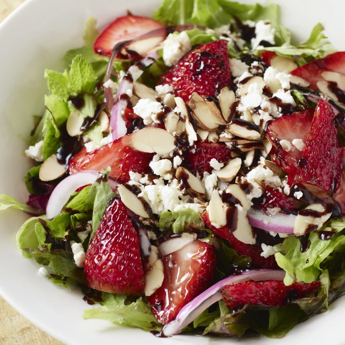 Spring Mix Salad with Strawberries and Feta tossed with light balsamic vinaigrette, close-up on juicy berry slices and crumbled cheese.