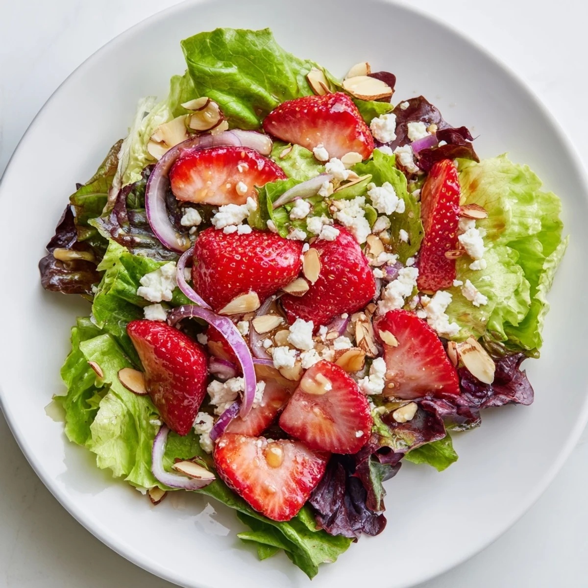 Vibrant Spring Mix Salad with Strawberries and Feta served on a wooden table with a wine glass and fresh ingredients nearby.