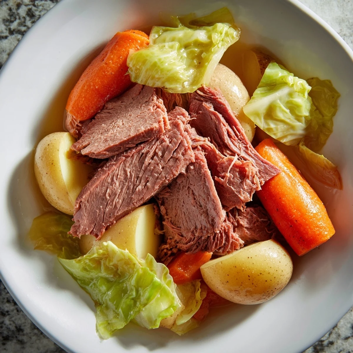 Sliced corned beef brisket with cabbage, potatoes, and carrots arranged on a platter, drizzled with cooking juices.