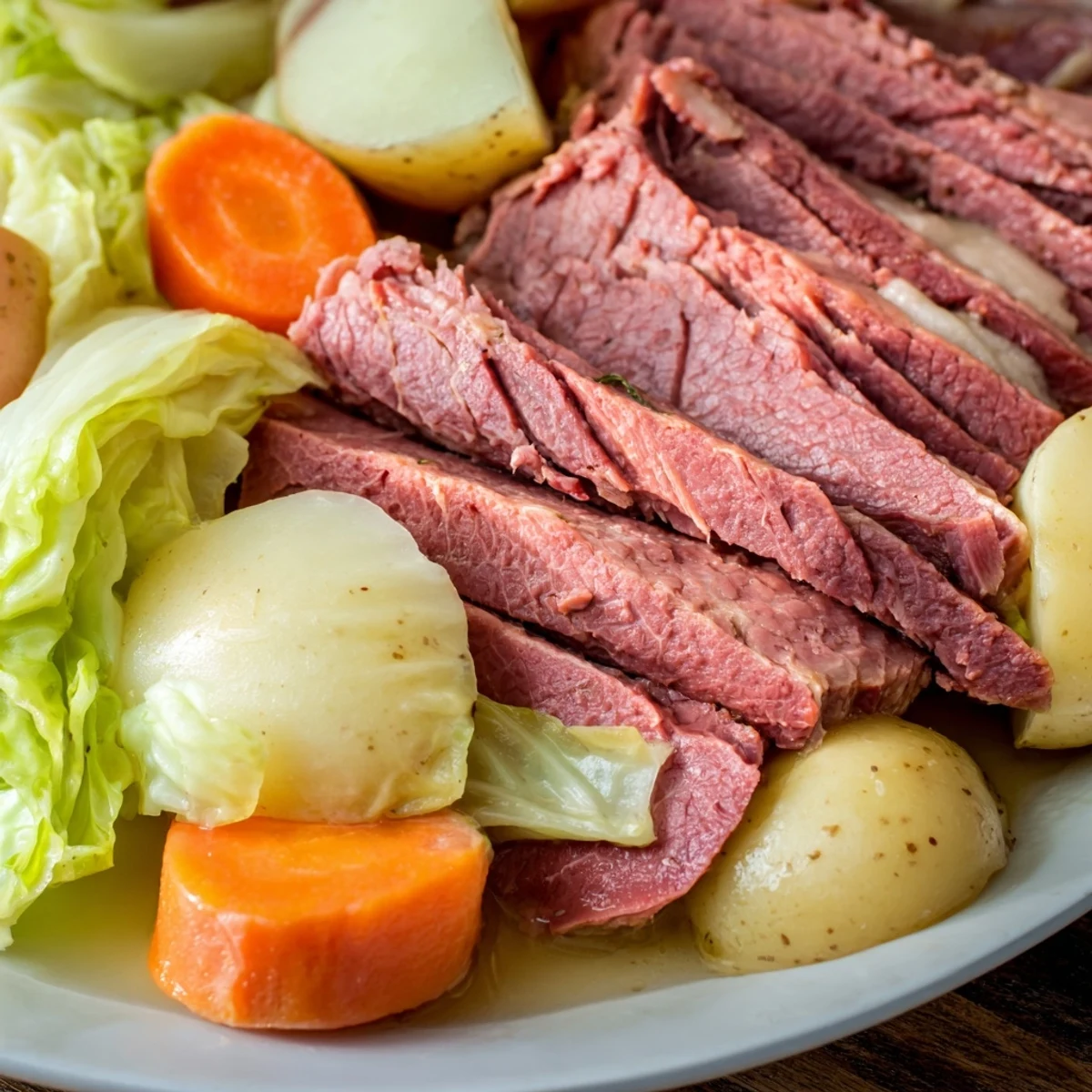 Hearty corned beef brisket with cabbage and potatoes plated beside carrots, showcasing juicy slices and soft vegetables.