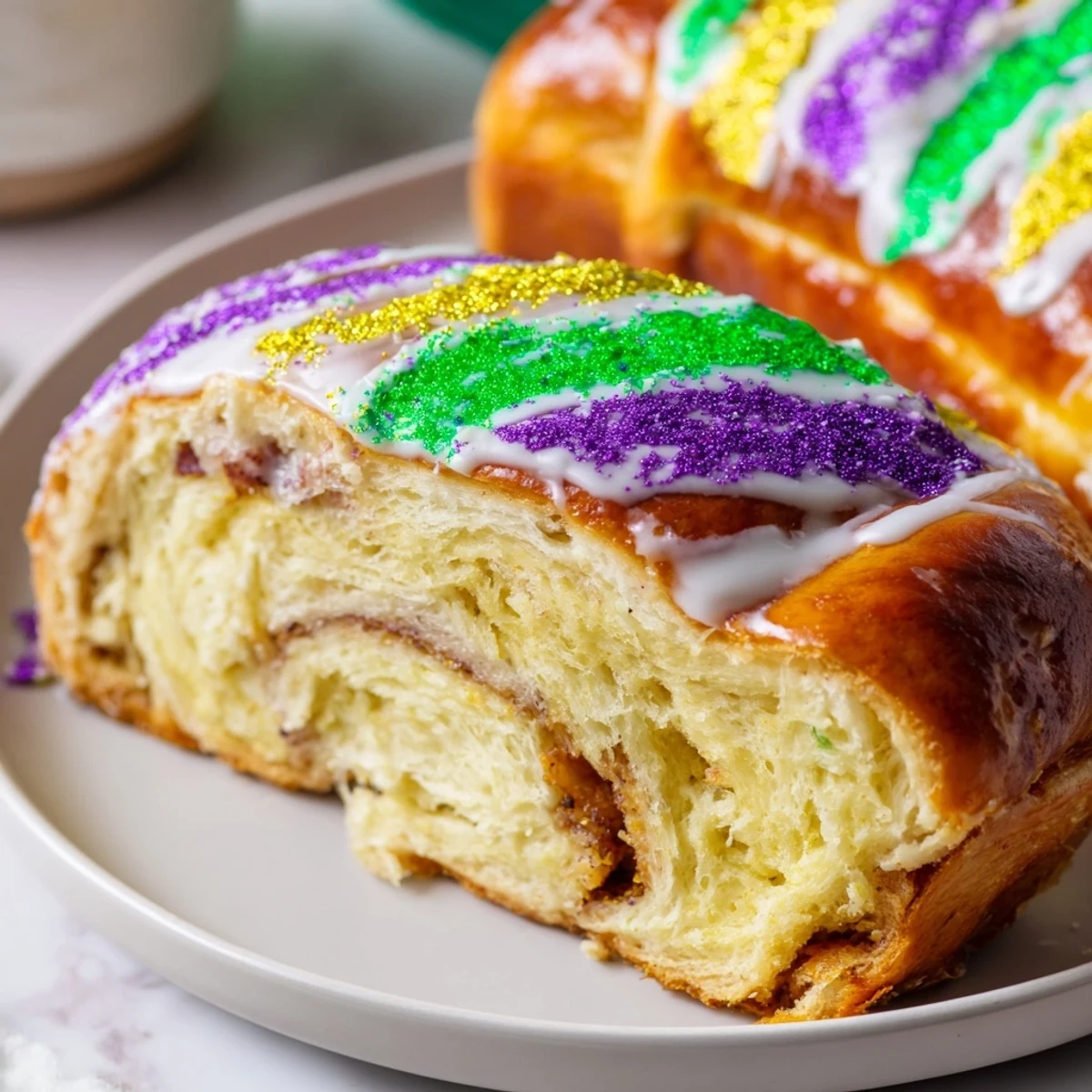 A festive slice of Mardi Gras King Cake reveals the creamy filling inside the soft brioche, drizzled with white icing.