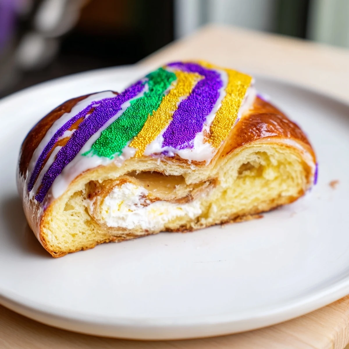 This Mardi Gras King Cake is decorated with colorful sugars on a baking sheet, inspired by classic New Orleans traditions.