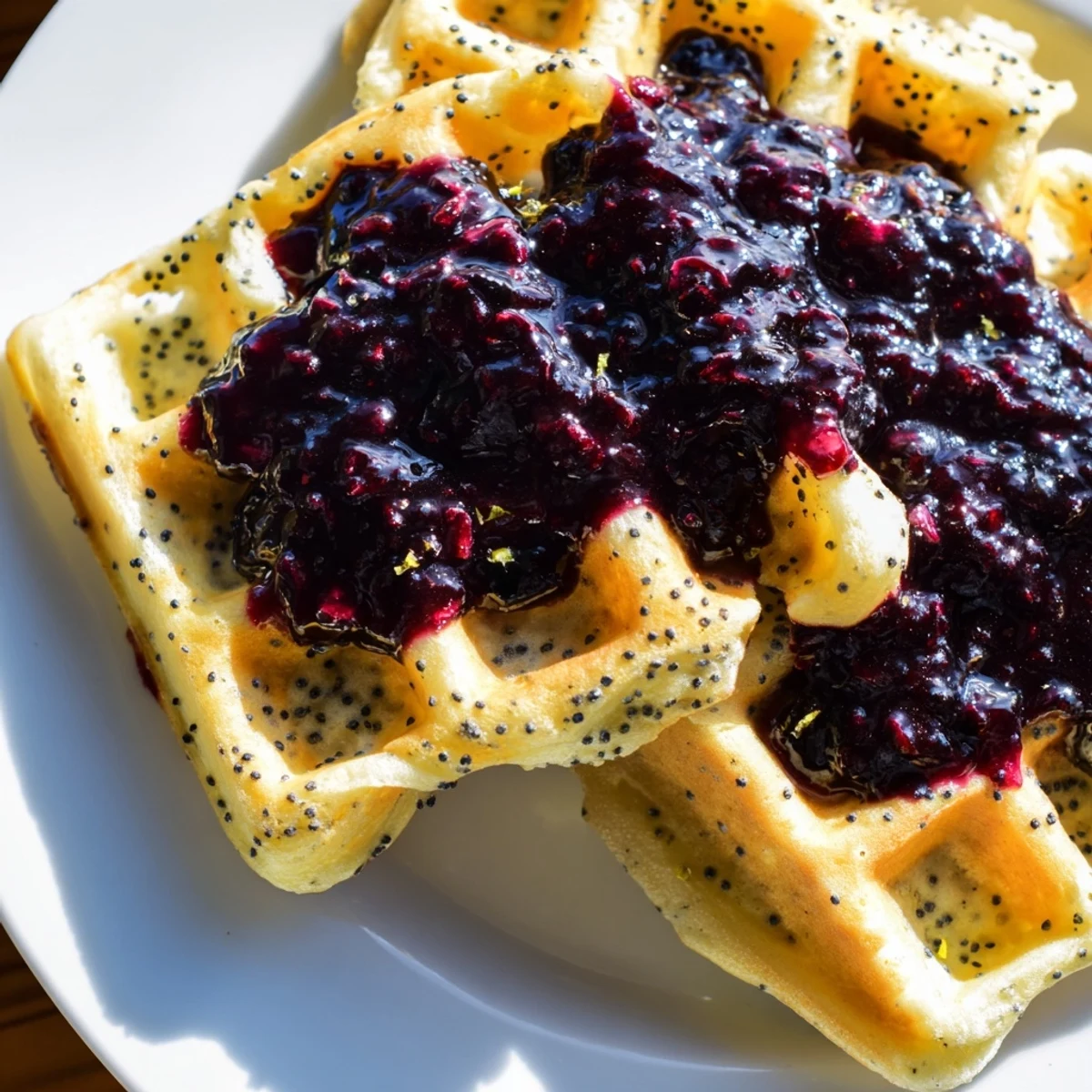 A bite-sized piece of Lemon Poppy Seed Waffles with Blueberry Syrup showing fluffy interior and crunchy seeds.