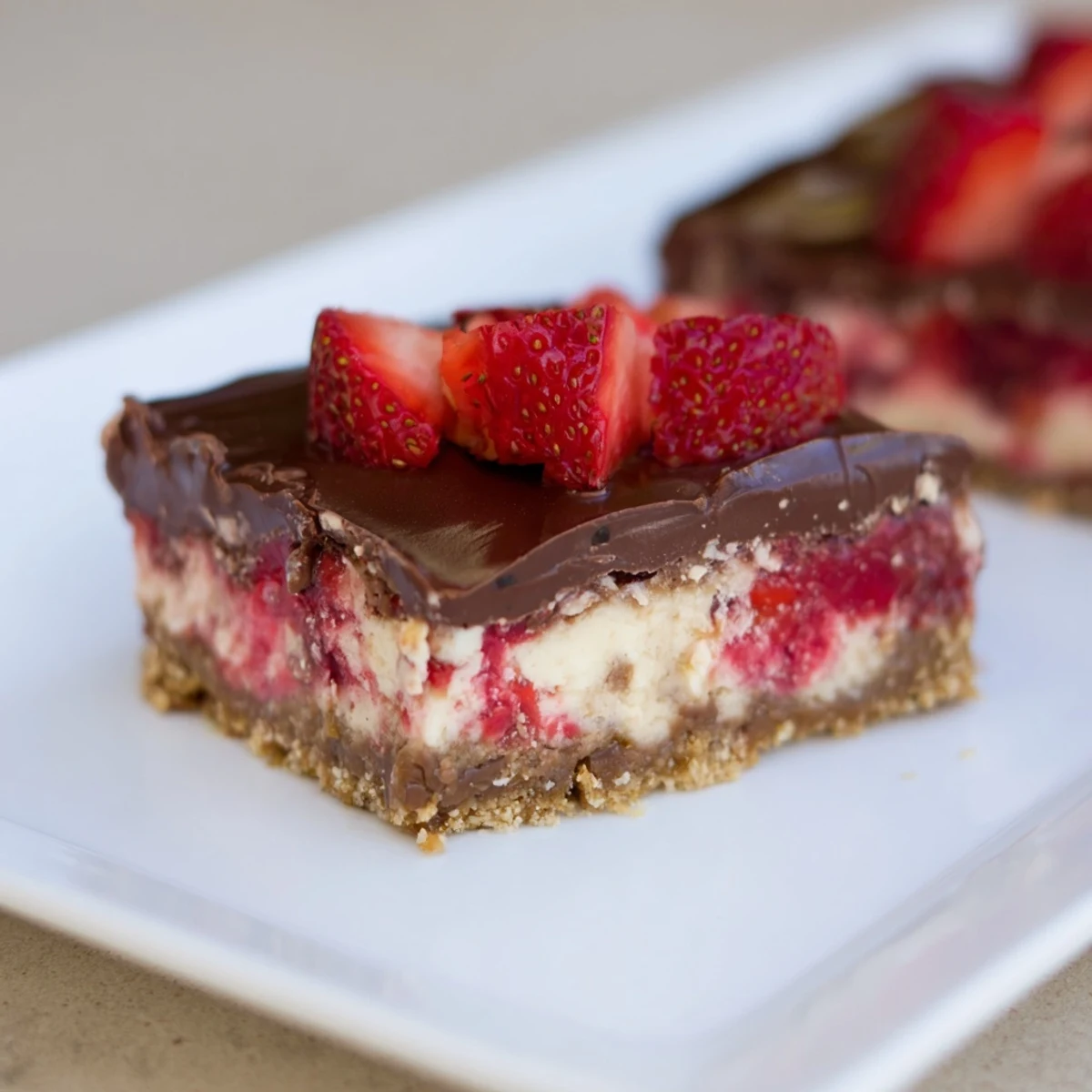 Rich Chocolate Covered Strawberry Cheesecake Bars show a creamy pink slice on a graham cracker crust with glossy chocolate.  